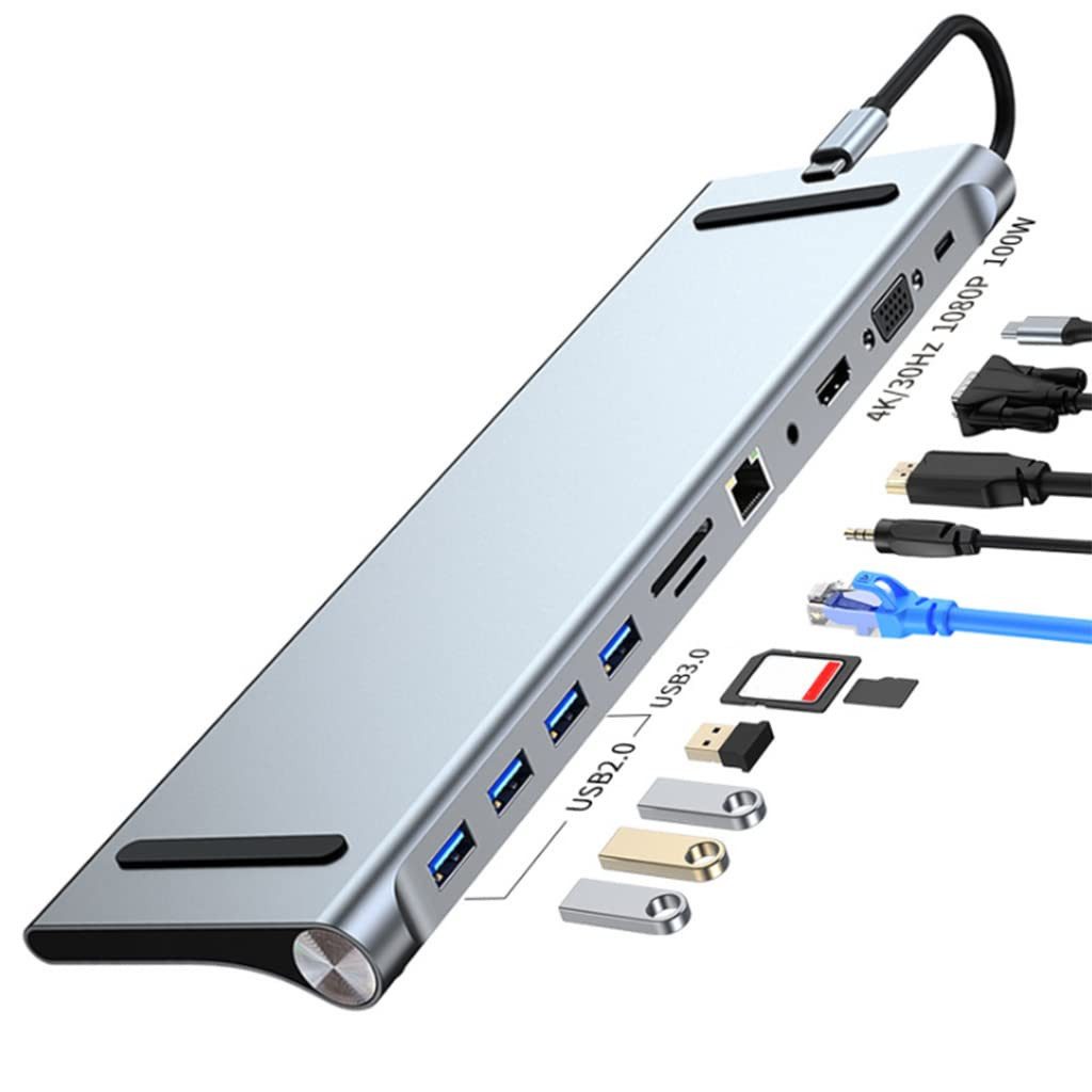 MOPUEA Dockingstation Laptop 12in1 USB C Hub HDMI TF SD Audio PD87W Dockingstation (4K/30Hz, 1080P, PD87W, Audioanschluss, Hochgeschwindigkeit)