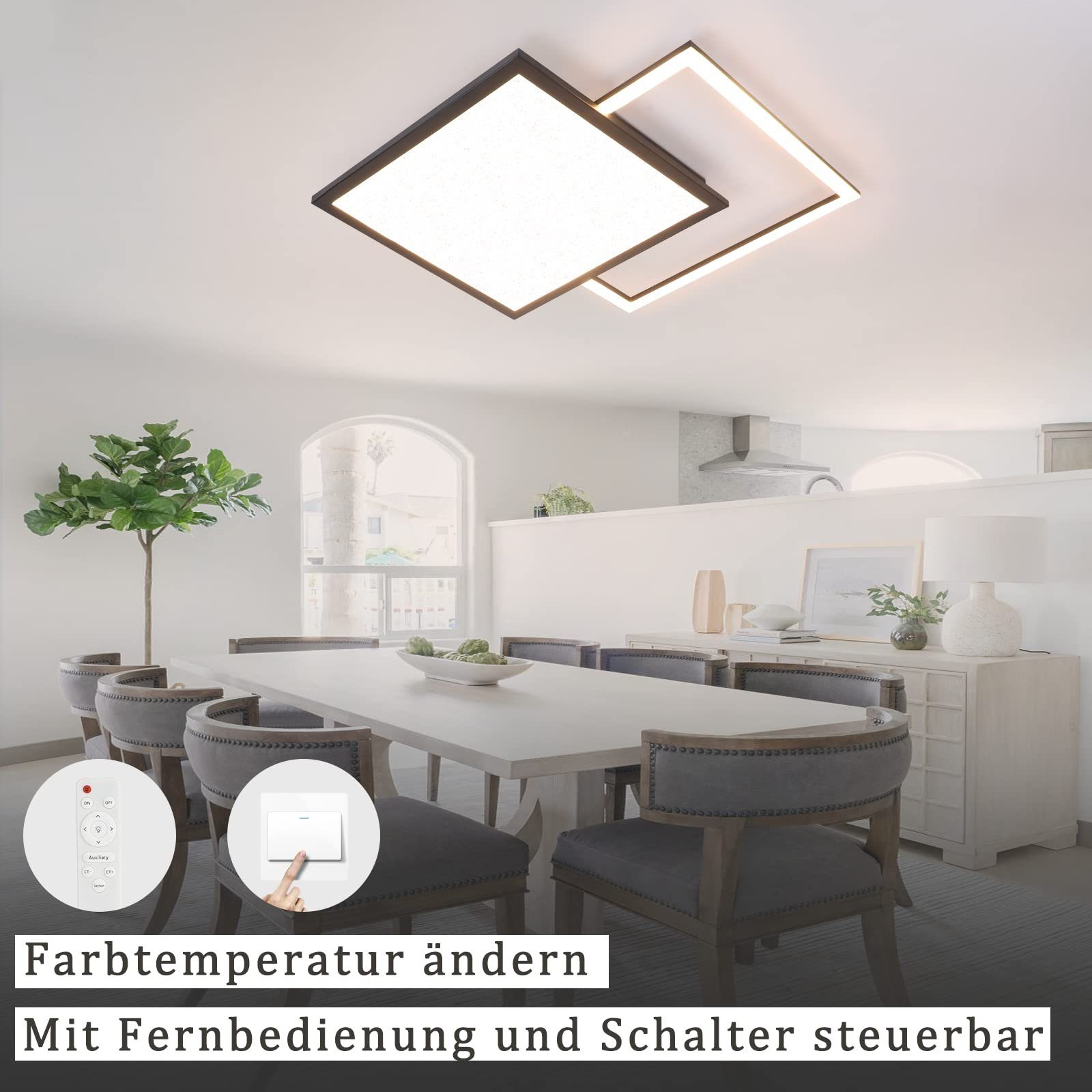 warmweiß-kaltweiß, Schwarz, Sternnenhimmel mit LED Design 46W, Quadrat ZMH integriert, Doppeltes fest LED Deckenleuchte Weiß