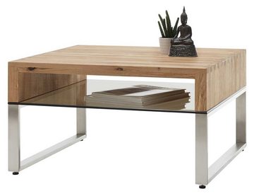 MCA furniture Couchtisch HILARY, Asteiche massiv, 70 x 70 cm, Edelstahlgestell, Ablageboden aus Glas