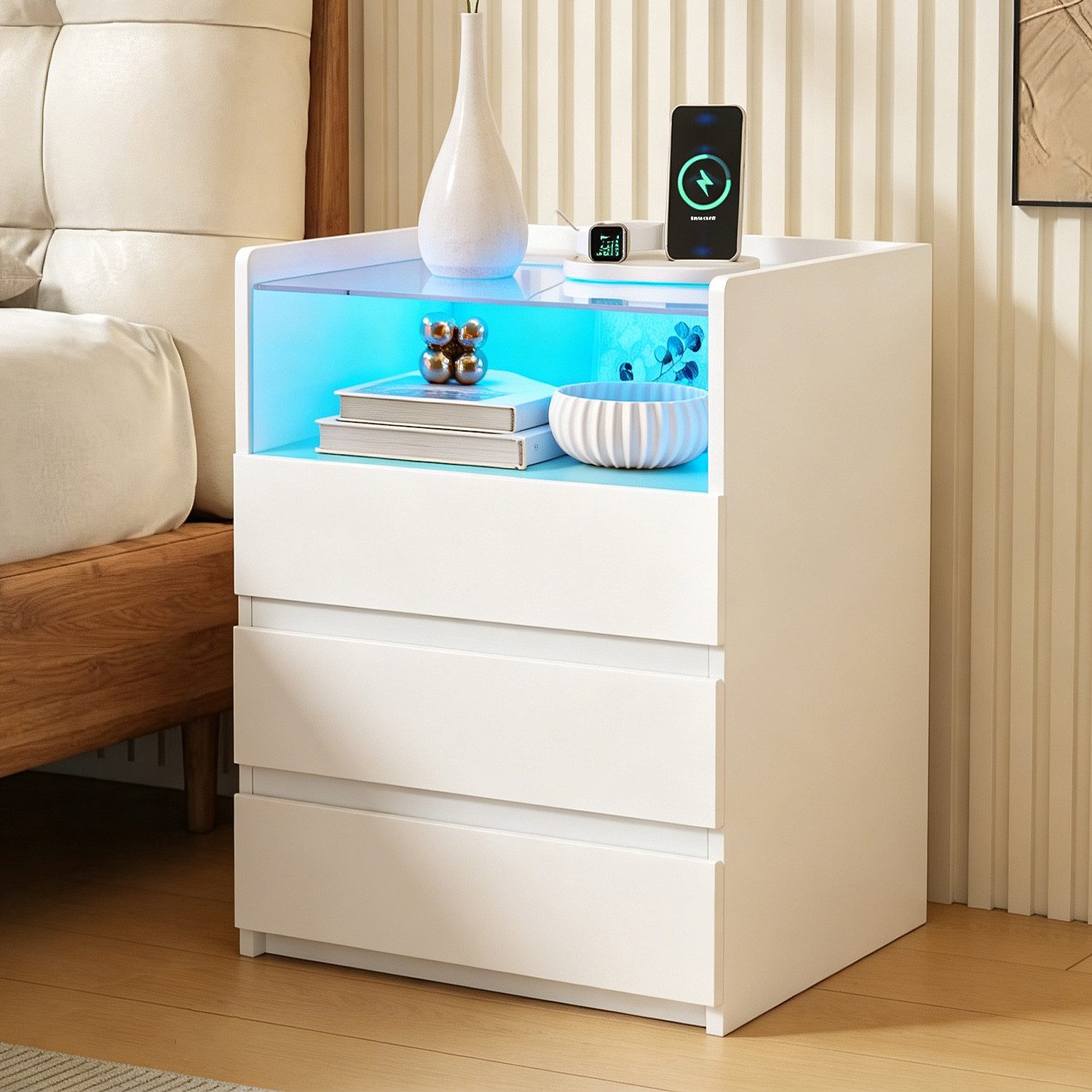 MSMASK Nachttisch mit LED-Beleuchtung und Steckdosen, 3 Schubladen, 45x35x61cm (1-St), Nachtschrank mit Sichtbarer Glastischplatte