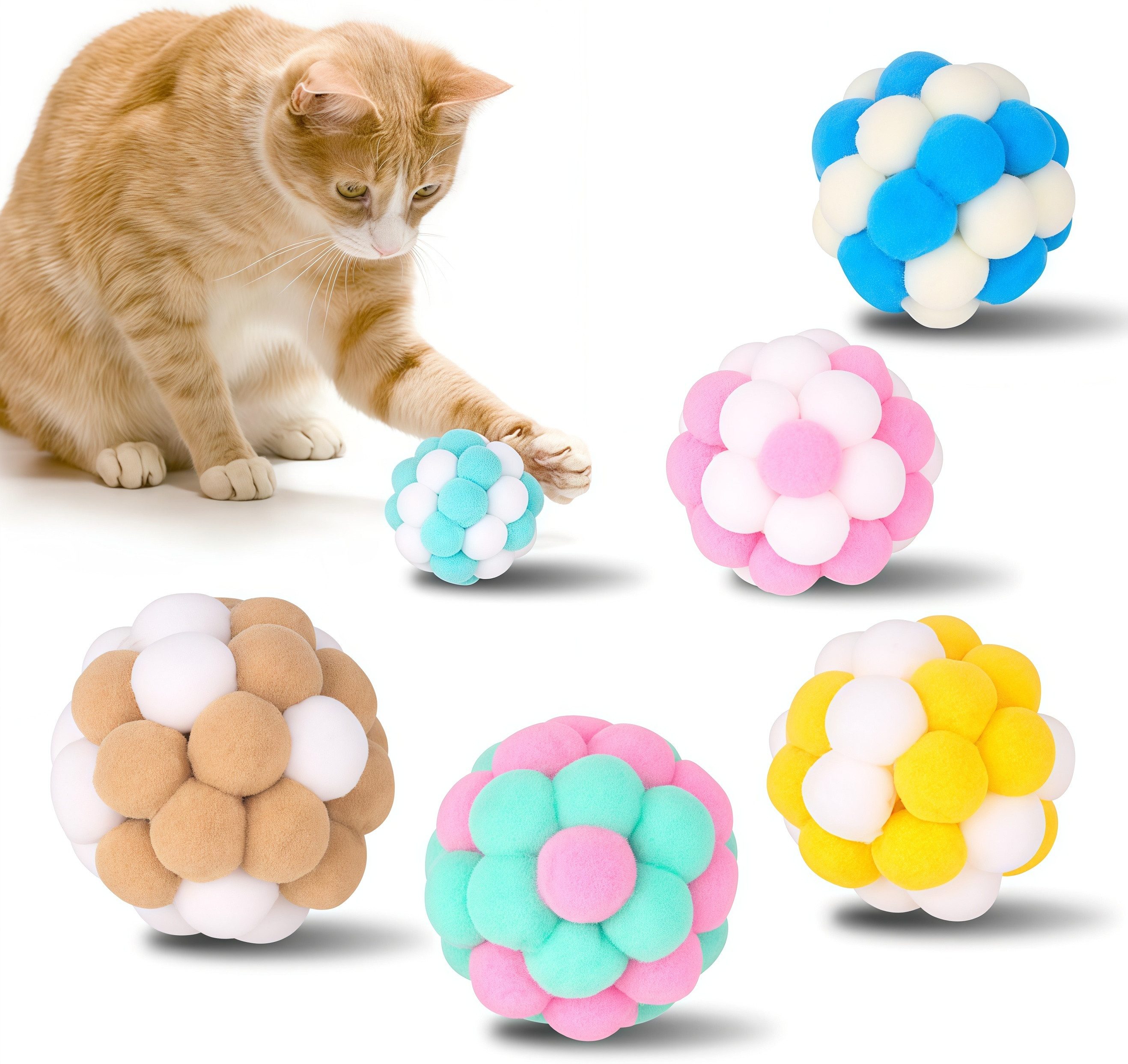 FOUORTUNATE-BEE Tier-Beschäftigungsspielzeug 6 Katzenbälle mit Glöckchen – Interaktives Katzenspielzeug-Set, Bunte Spielbälle mit Glocke für Katzen – 6er Set