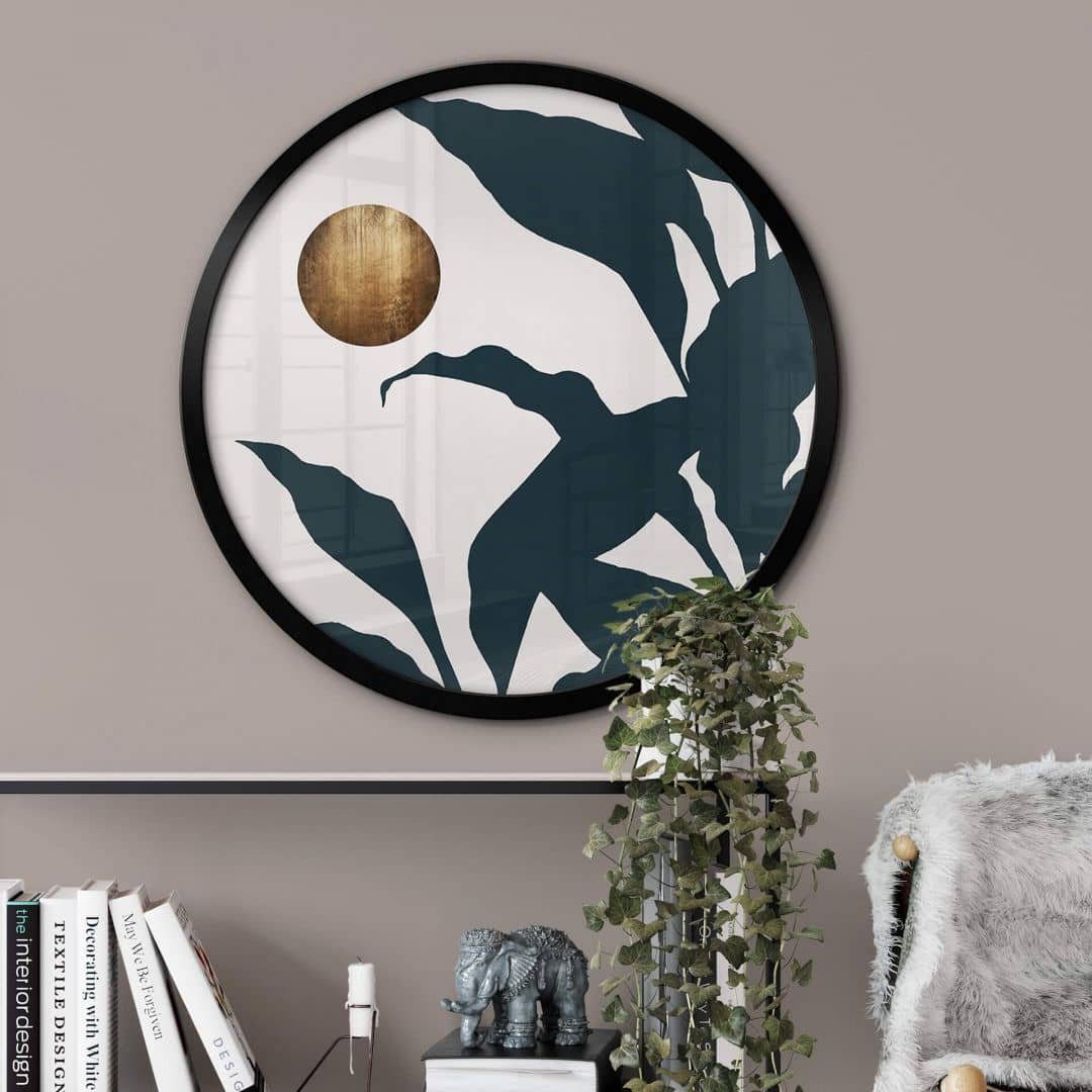 K&L Wall Art Poster Wandbild Poster Rund Feng Shui abstrakt Kubistika Dschungel Mond Gold, Wohnzimmer Kunst Illustration