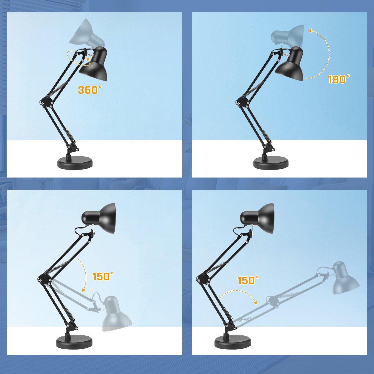 E27 Verstellbare Gelenkarm,Schwarz, Schreibtischlampe, LED Schreibtischlampe, mit Drehbar wechselbar, Klemmleuchte Klemmbare 360° Tischleuchte Tageslichtlampe Schreibtischlampe oyajia