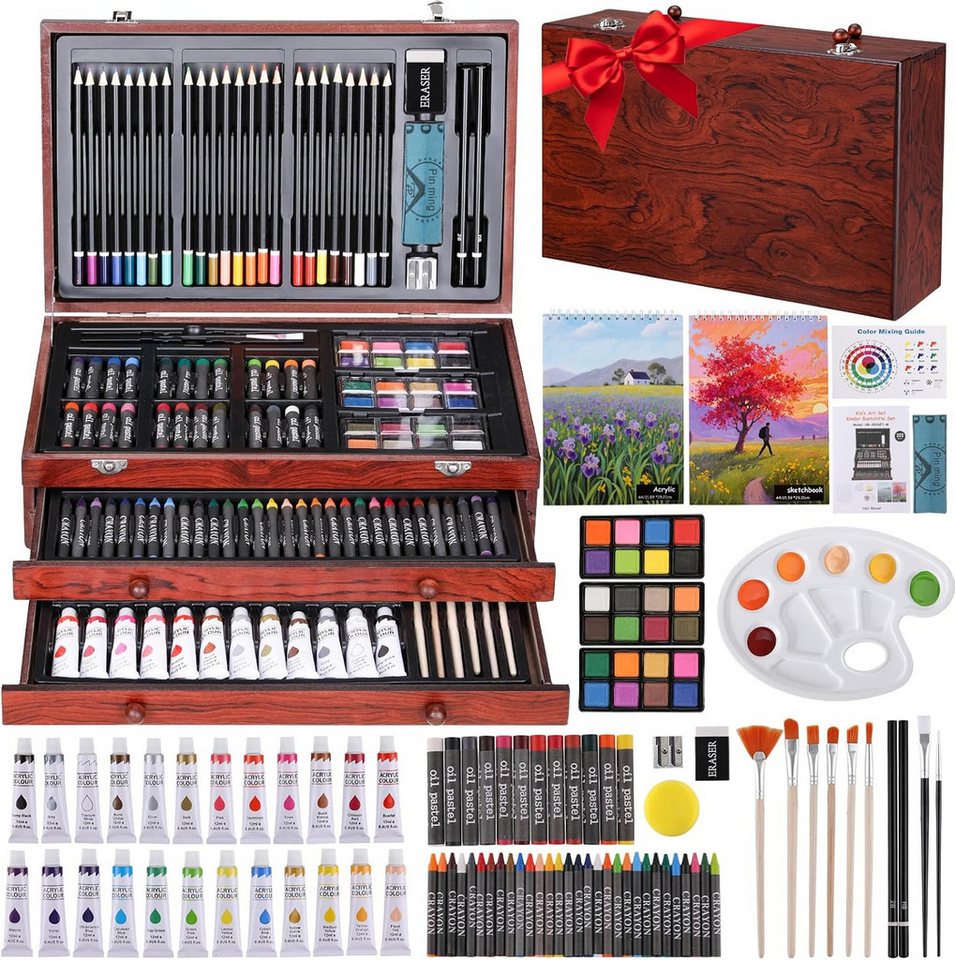 TLGREEN Malpalette 202-Teiliges Malset, Deluxe Malkoffer für Kinder & Erwachsene, mit Buntstift,Zeichenkoffer,Wachsmalstiften,Staffelei,Aquarellstiften