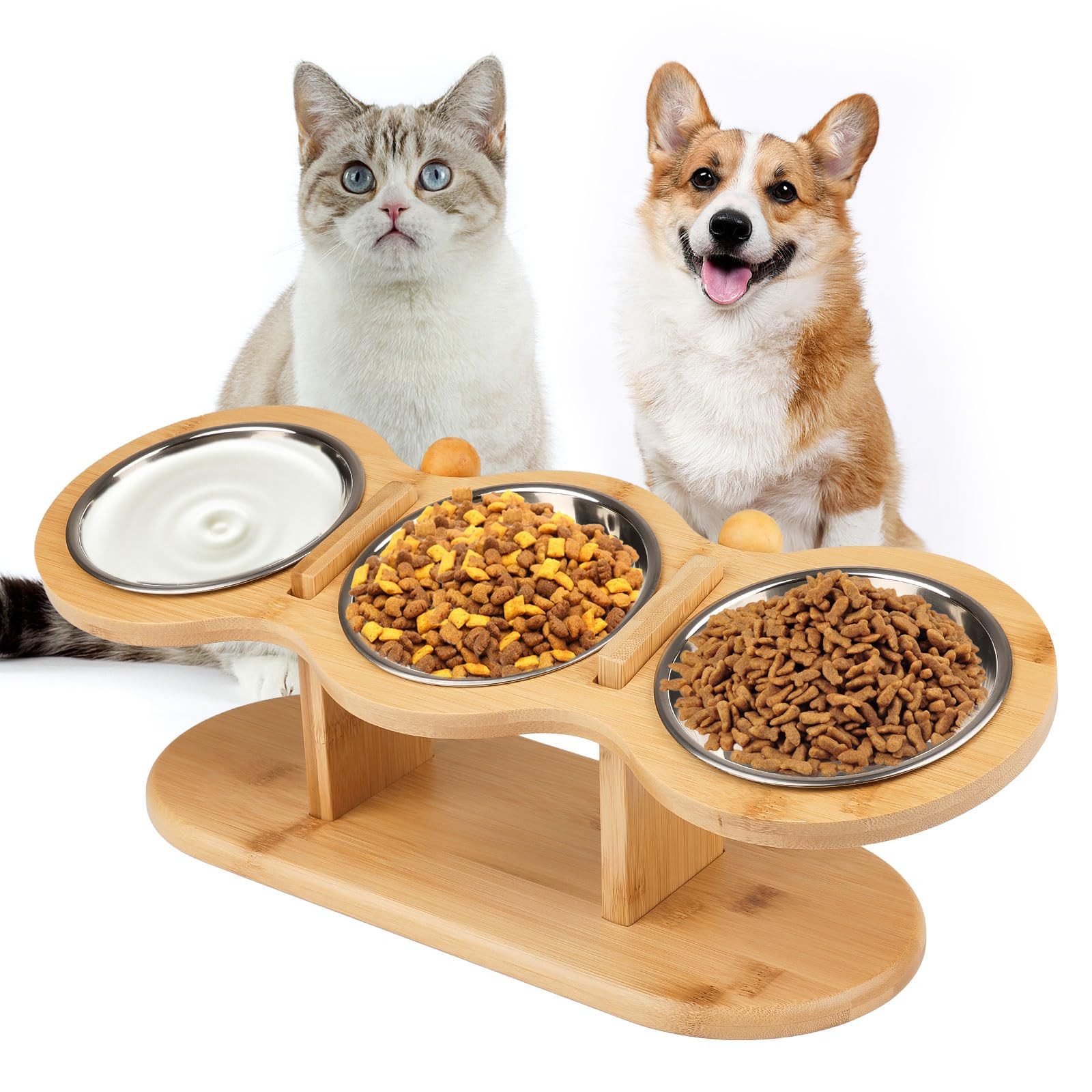 SURFOU Napf-Set Hundenapf, Katzennapf, Höhe Verstellbar Futternapf Katze Erhöht 3-tlg, Fressnapf Futterbar, Höhenverstellbarer Katzennapf mit Holzständer – 3 Edelstahl-Schüsseln für Wasser & Futter, erhöhter Fressnapf für Katzen, Futternapf Hund, Katzenna