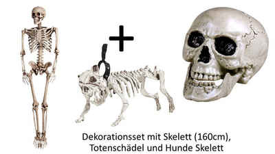 Scherzwelt Zauberer-Kostüm Großes Halloween Dekoration Set - Skelett Knochengerüst 160cm, Hundeskelett und Totenschädel