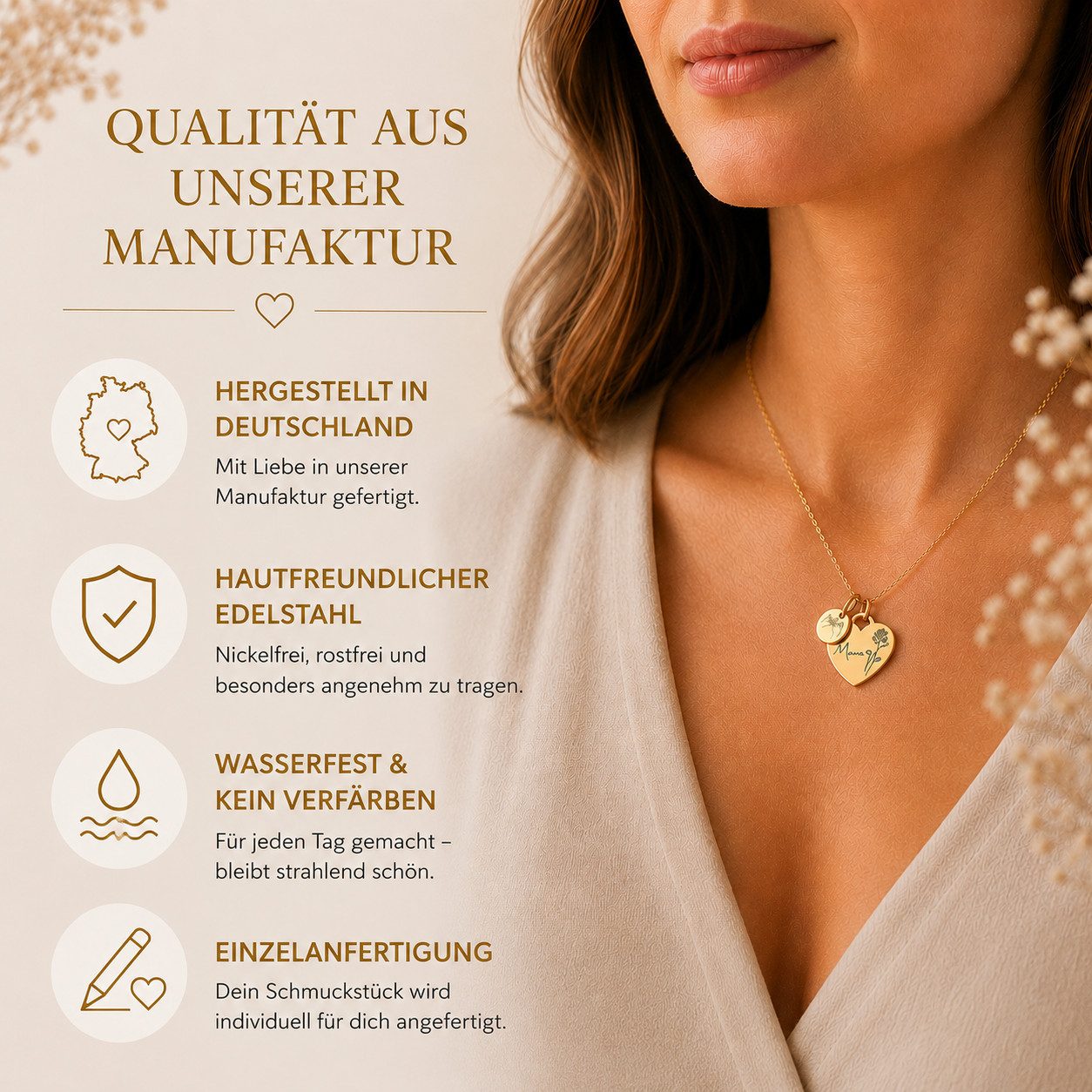 BS Schmuckdesign Kette mit Anhänger mit Gravur Personalisierte Halskette Damen Herzkette Name und Monatsblume Gravur (inkl. Gravur), vollständig personalisierbar inkl. Geschenkbox