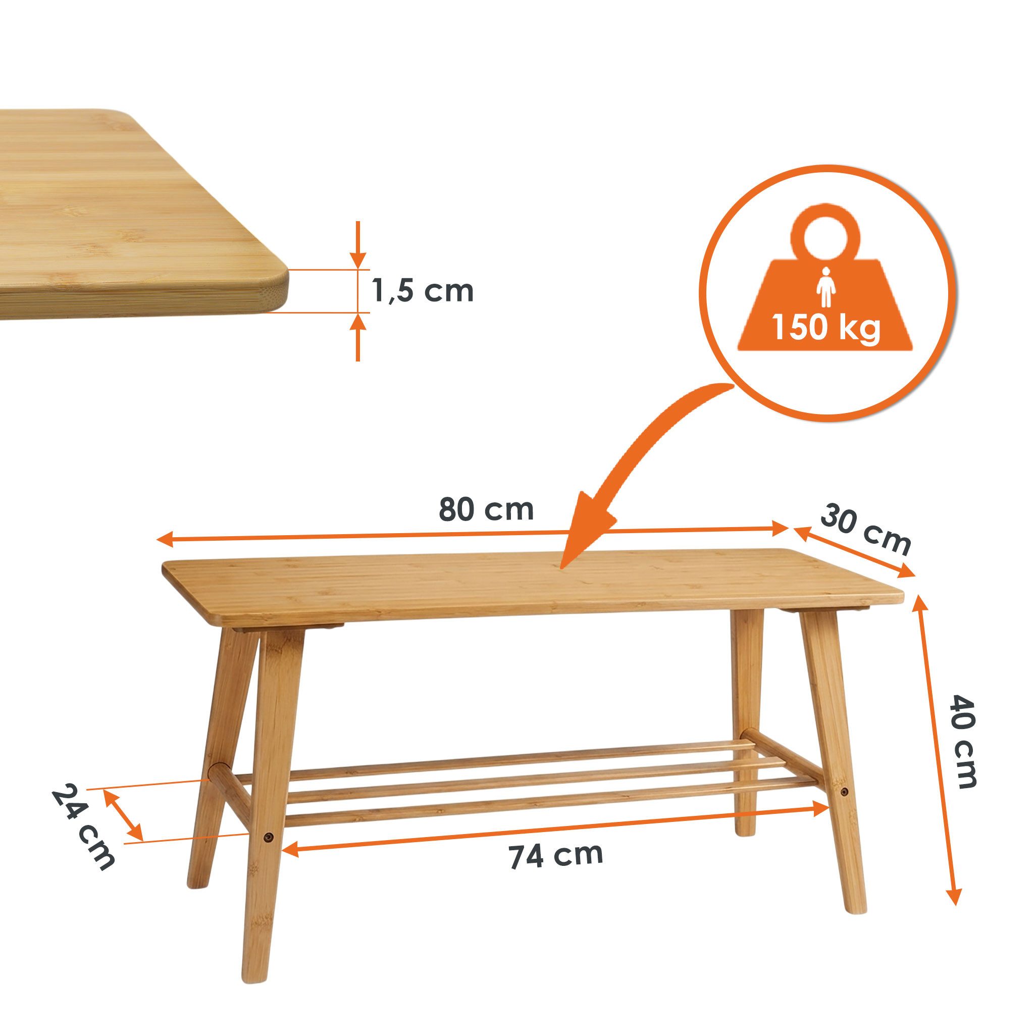 Spetebo Schuhbank Bambus Holz mit integrierter Ablage (80 x 40 cm, 1-St., belastbar bis ca. 150 kg), Massivholz Sitzbank mit Schuhablage – Bild 4 von 5