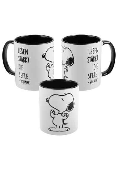 United Labels® Tasse The Peanuts Tasse Snoopy Lesen stärkt die Seele Schwarz Weiß 320 ml, Keramik