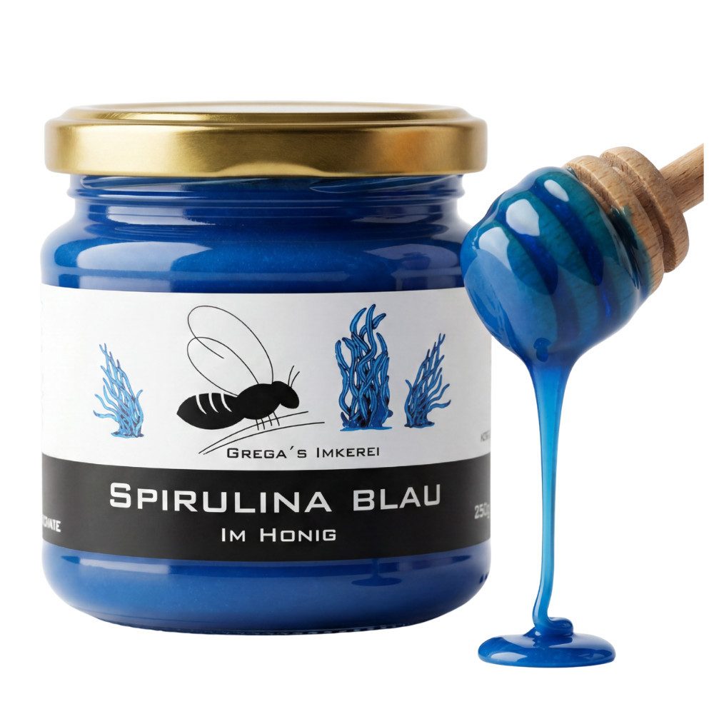 Grega´s Imkerei Honig Blauer Spirulina Blau im Honig, 1 x 250 g, (Honig & mehr direkt vom Imker), Cremige Honigspezialität mit nur zwei natürlichen Zutaten