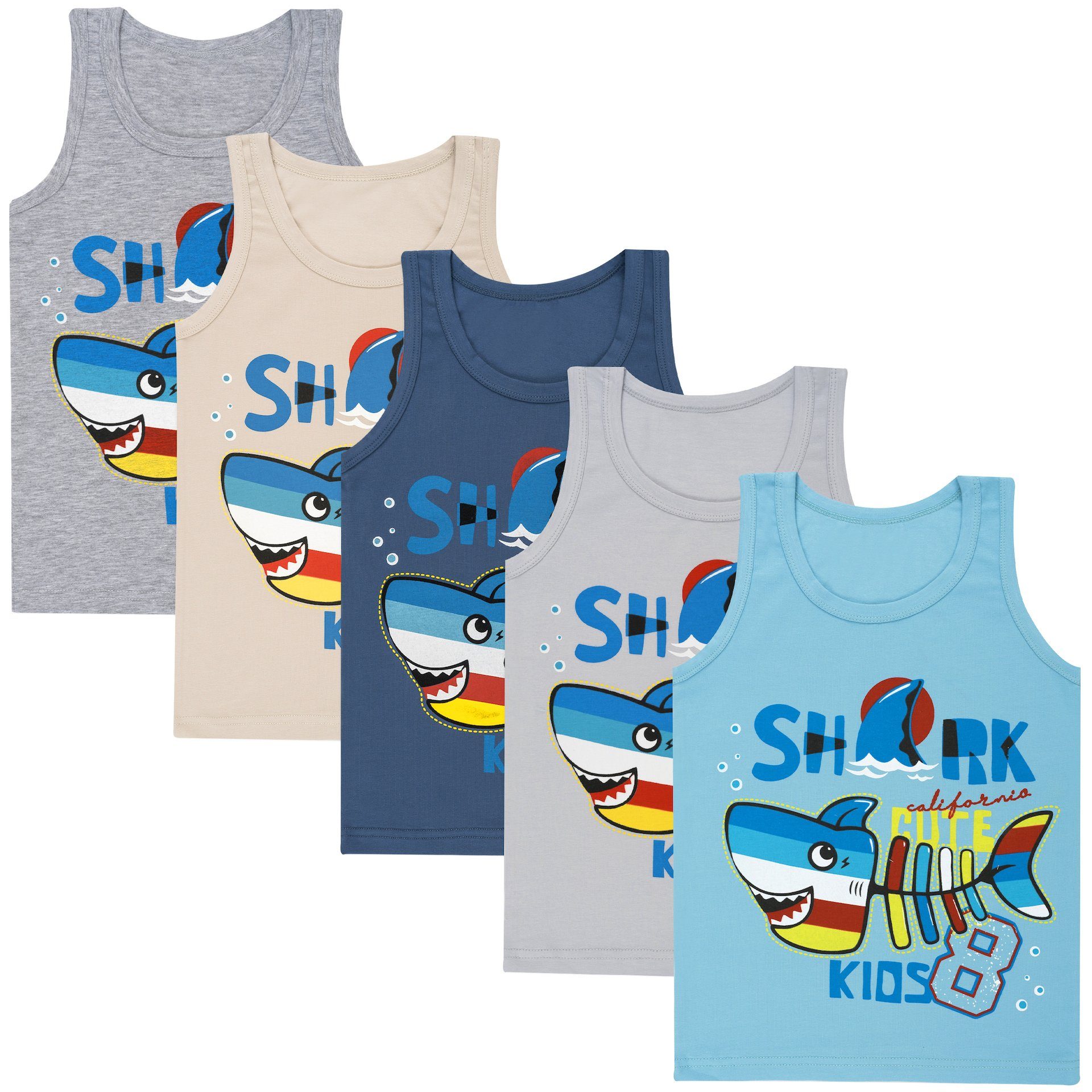 5-St) Jungen - (Spar-Packung, Unterwäsche Tank Baumwolle SHARK Unterhemd Unterhemden 5 LOREZA