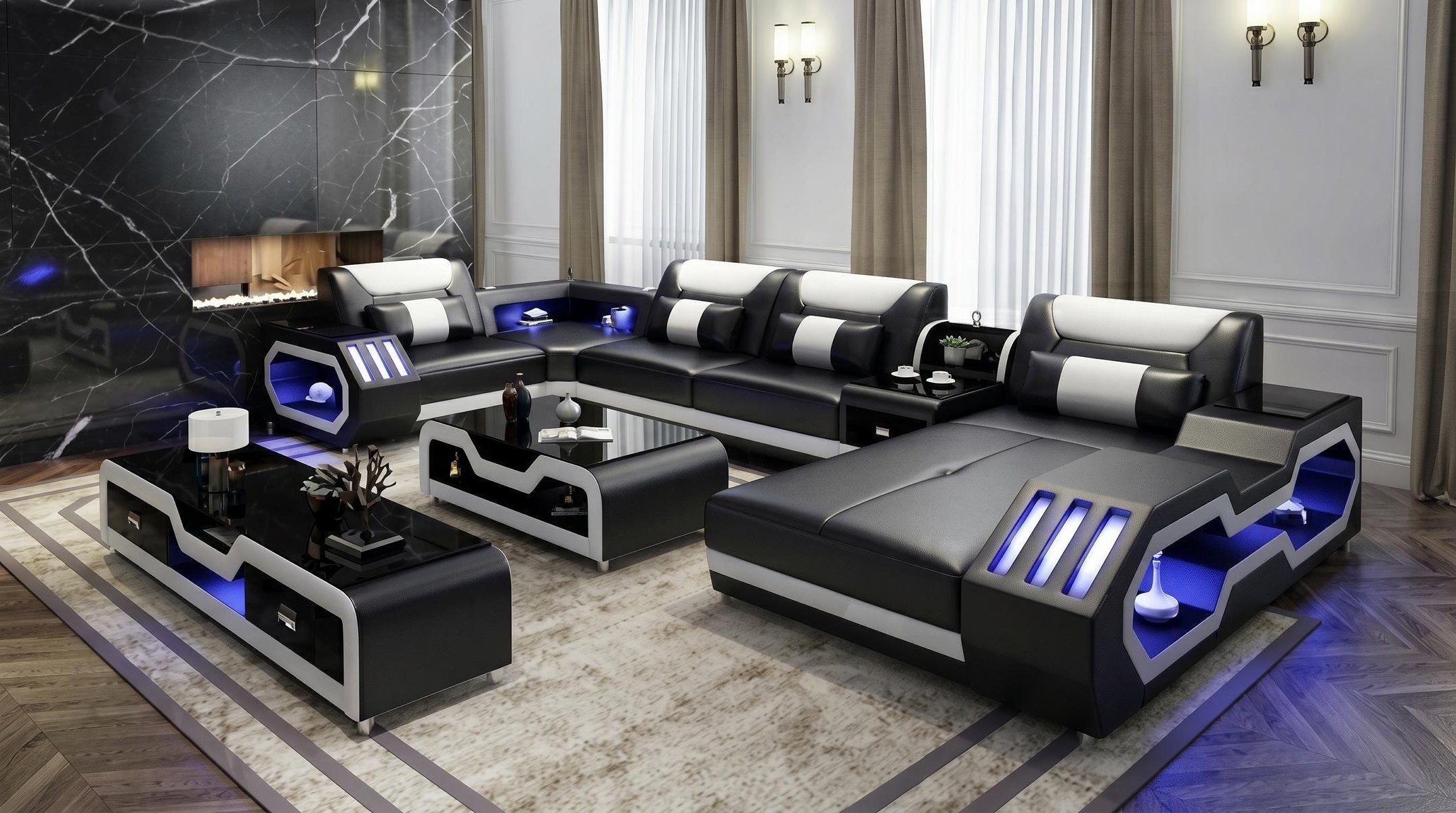 Xlmoebel Wohnlandschaft Modern Wohnlandschaft U-Form Couchtisch Schwarz LED Sofa Set TV-Möbel, Sofa Set 3 Teile, Mit LED