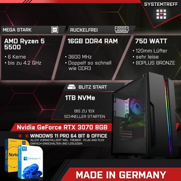 SYSTEMTREFF Gaming-PC (AMD Ryzen 5 5500, GeForce RTX 3070, 16 GB RAM, 1000 GB SSD, Luftkühlung, Windows 11, WLAN)