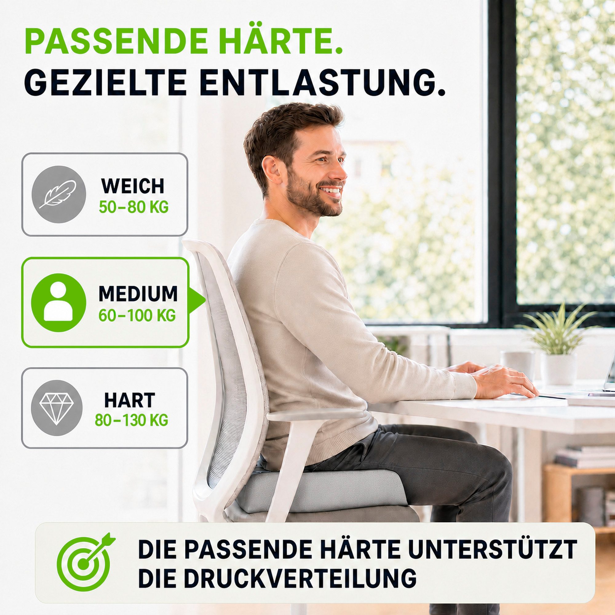 feela Sitzkissen Orthopädisches Kissen – Ergonomisch, 3 Härtegrade bei Rückenschmerzen, Fördert gesundes Sitzen & entlastet Rücken – Zuhause, Büro & unterwegs – Bild 3 von 5
