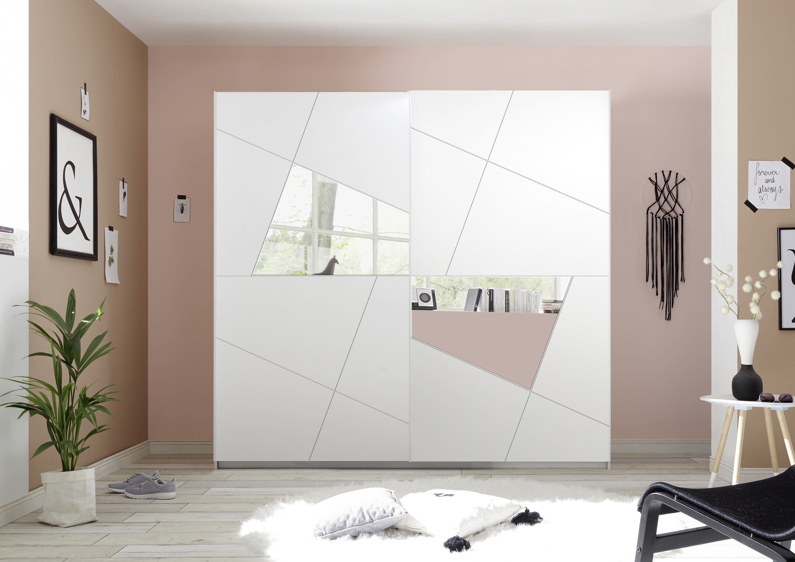Kleiderschrank 2 mit cm Abmessungen Weiss mit und Valeria Melamin Siebdruck 2 Einlegeböden. (BxHxT) Spiegel in und möbelando 243x230x57 Türen