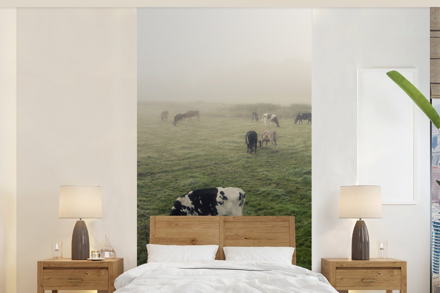 MuchoWow Fototapete Kühe - Nebel - Friesland, Matt, bedruckt, (2 St), Vliestapete für Wohnzimmer Schlafzimmer Küche, Fototapete