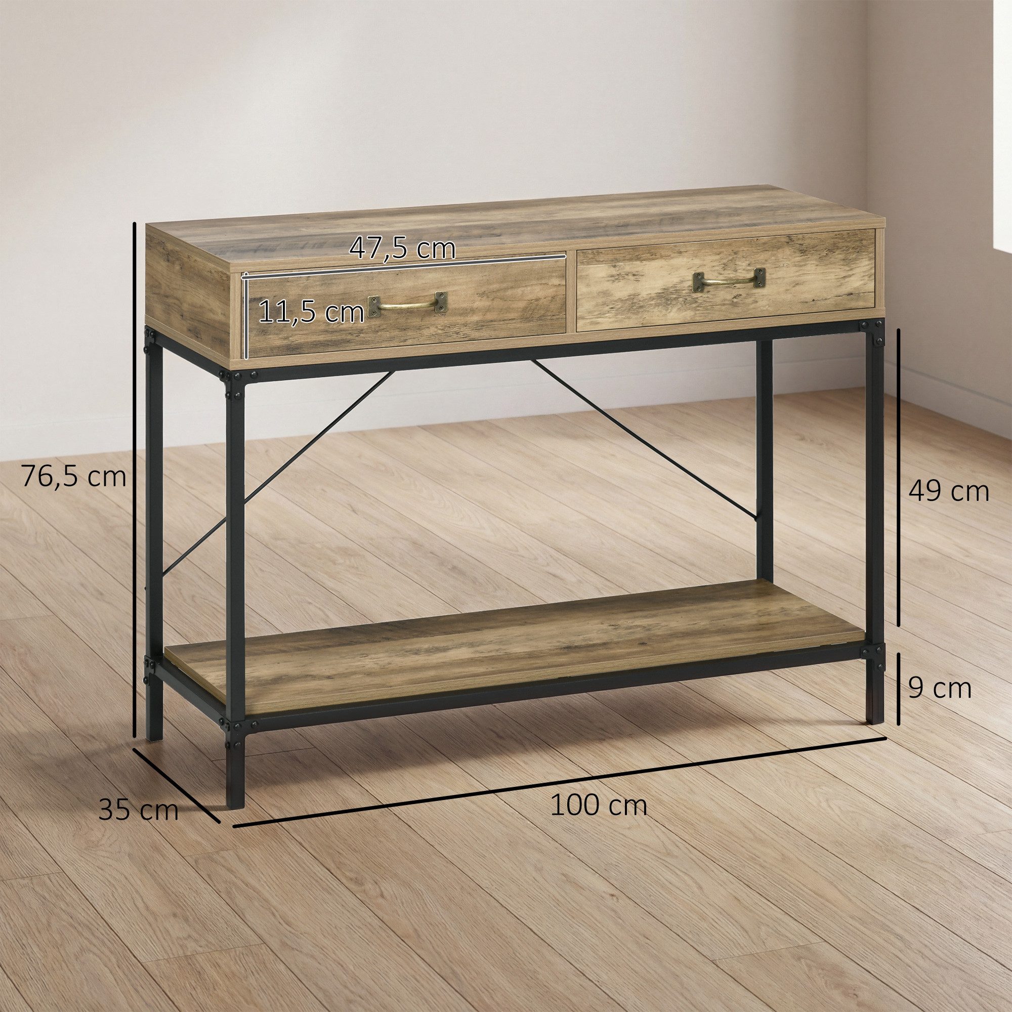 HOMCOM Konsolentisch 2 Schubladen Unterregal (Beistelltisch, 1-St., Eingangstisch), vintage Metall Spanplatte Braun+Schwarz 100 x 35 x 76,5 cm
