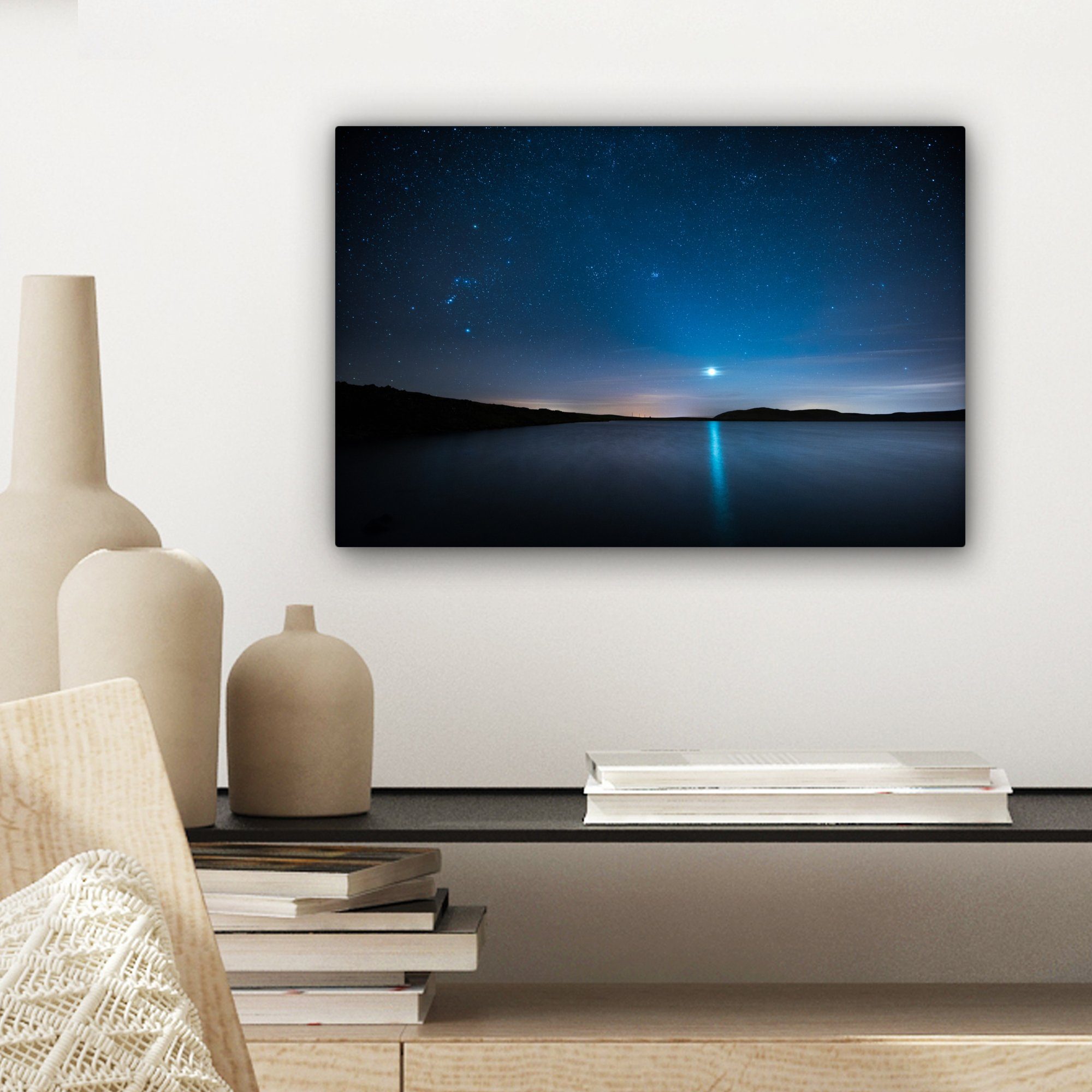 Wasser - - Leinwandbild Aufhängefertig, St), (1 cm 30x20 Leinwandbilder, Mond, OneMillionCanvasses® Wandbild Wanddeko, Sternenhimmel