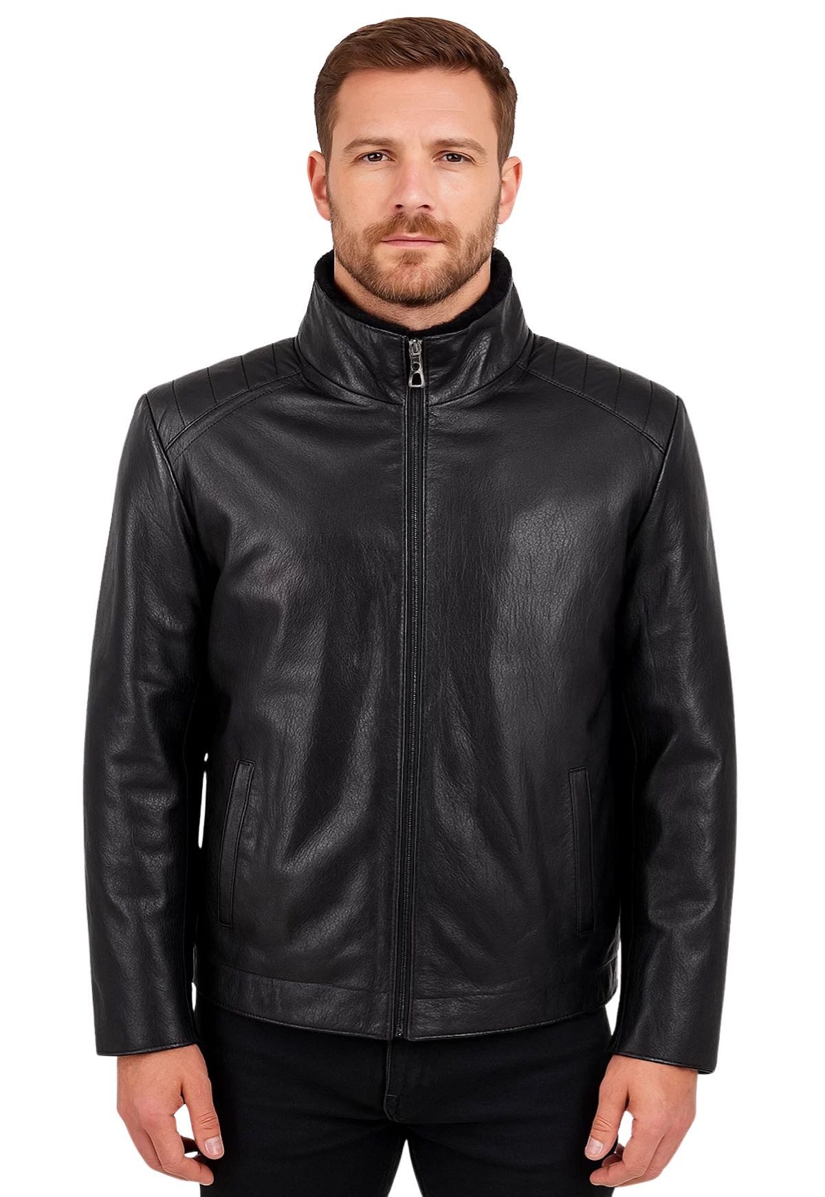 Hollert Winterjacke Jacke Victor - Edles Glattleder & Shearling Lammfell Schwarz