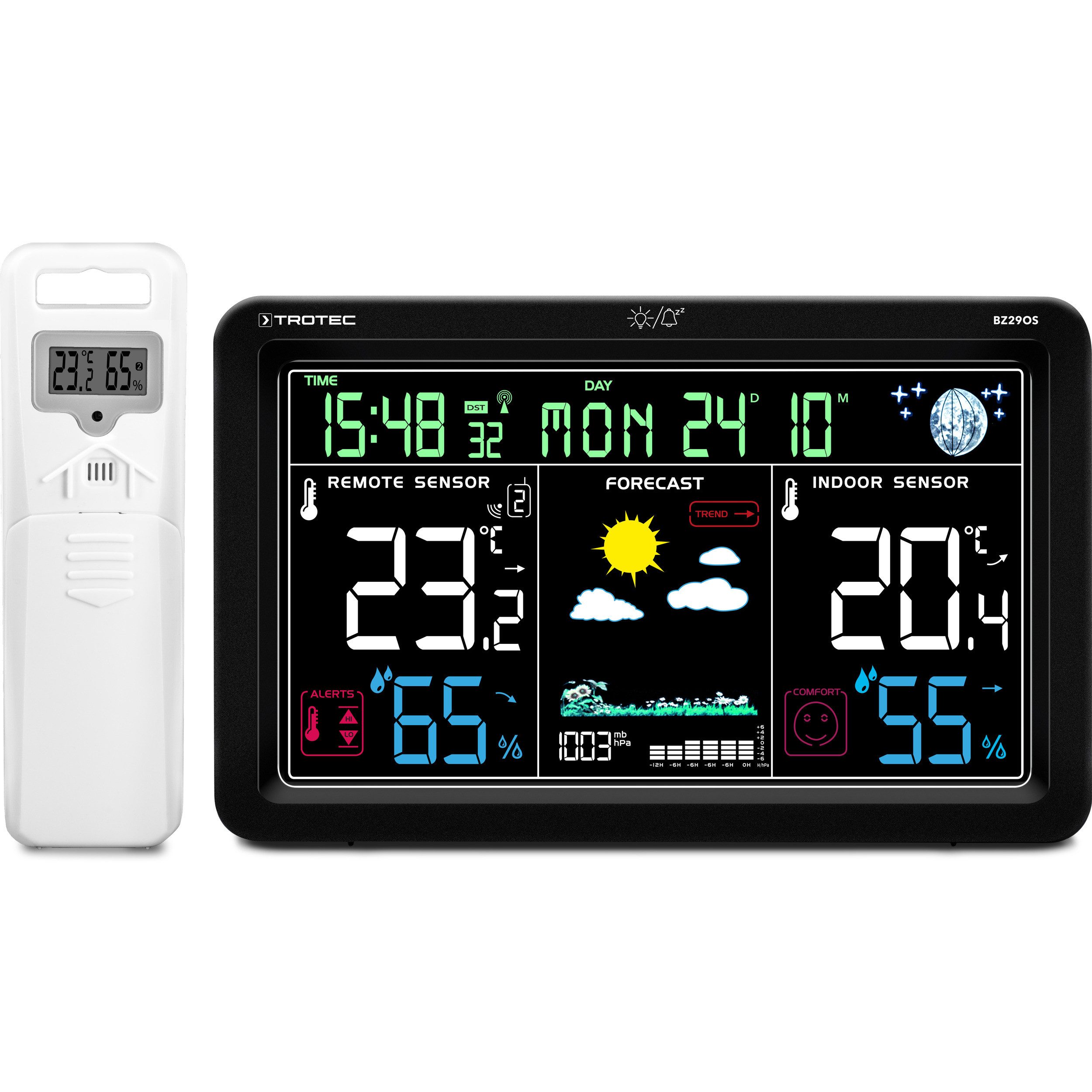 TROTEC BZ29OS Funkwetterstation (measuring_device,operating_manual,power_adapter,usb_cable, Trend-Anzeige für Temperatur, Luftfeuchtigkeit und Wetter)