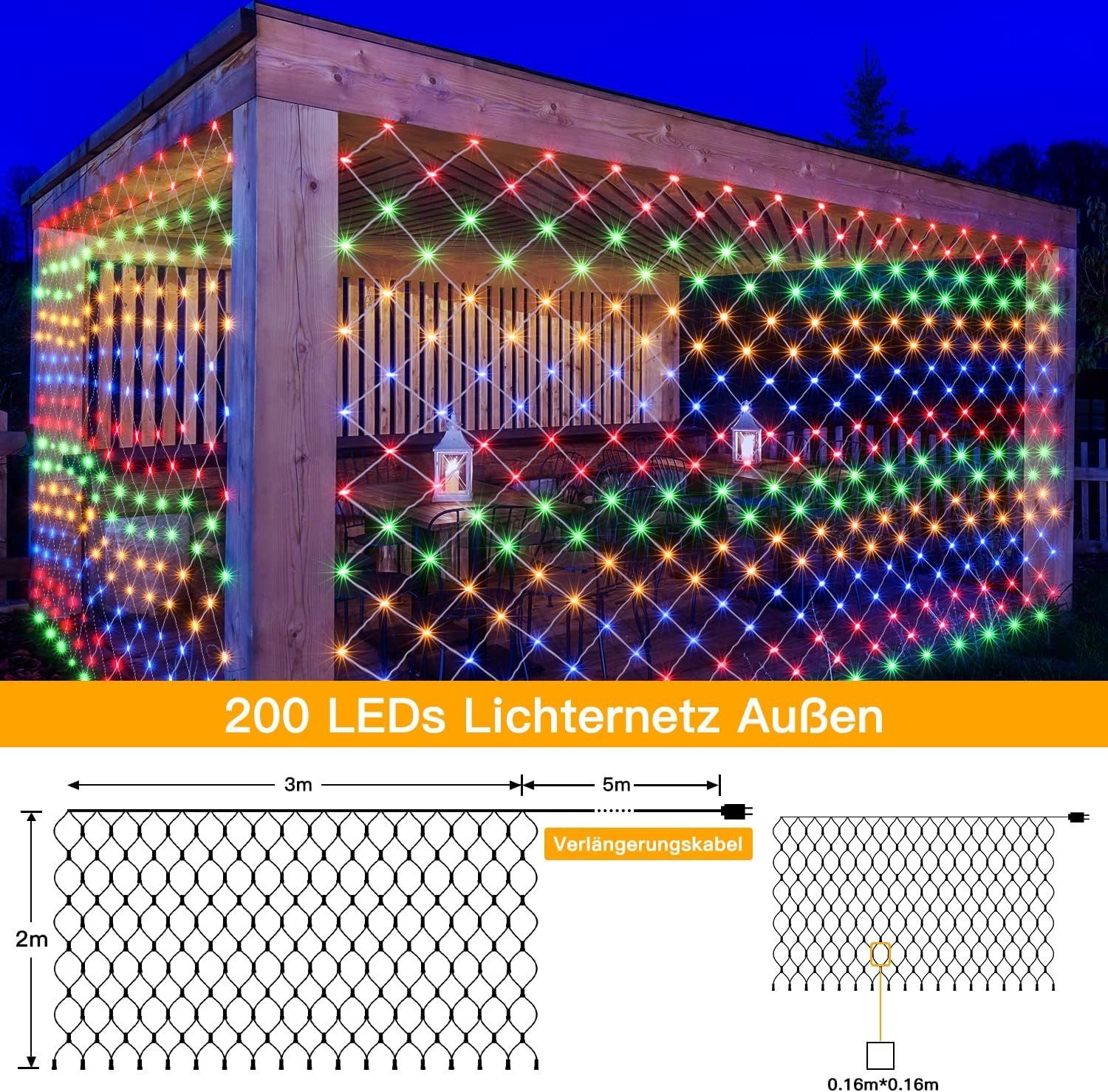 Diyarts LED-Lichternetz, 200-flammig, Wasserdicht, 8 Modi, Timer, Energieeffizienz Dimmfunktion und