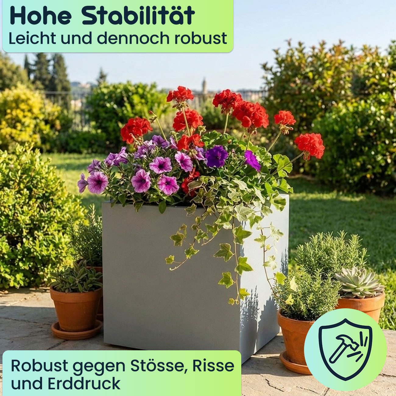 Prosperplast Blumentopf Pflanzkasten Quadratisch 47cm Beton-Grau 51L Kunststoff frostsicher (2 St), Moderner, quadratischer 51L Pflanzkübel – UV-beständig