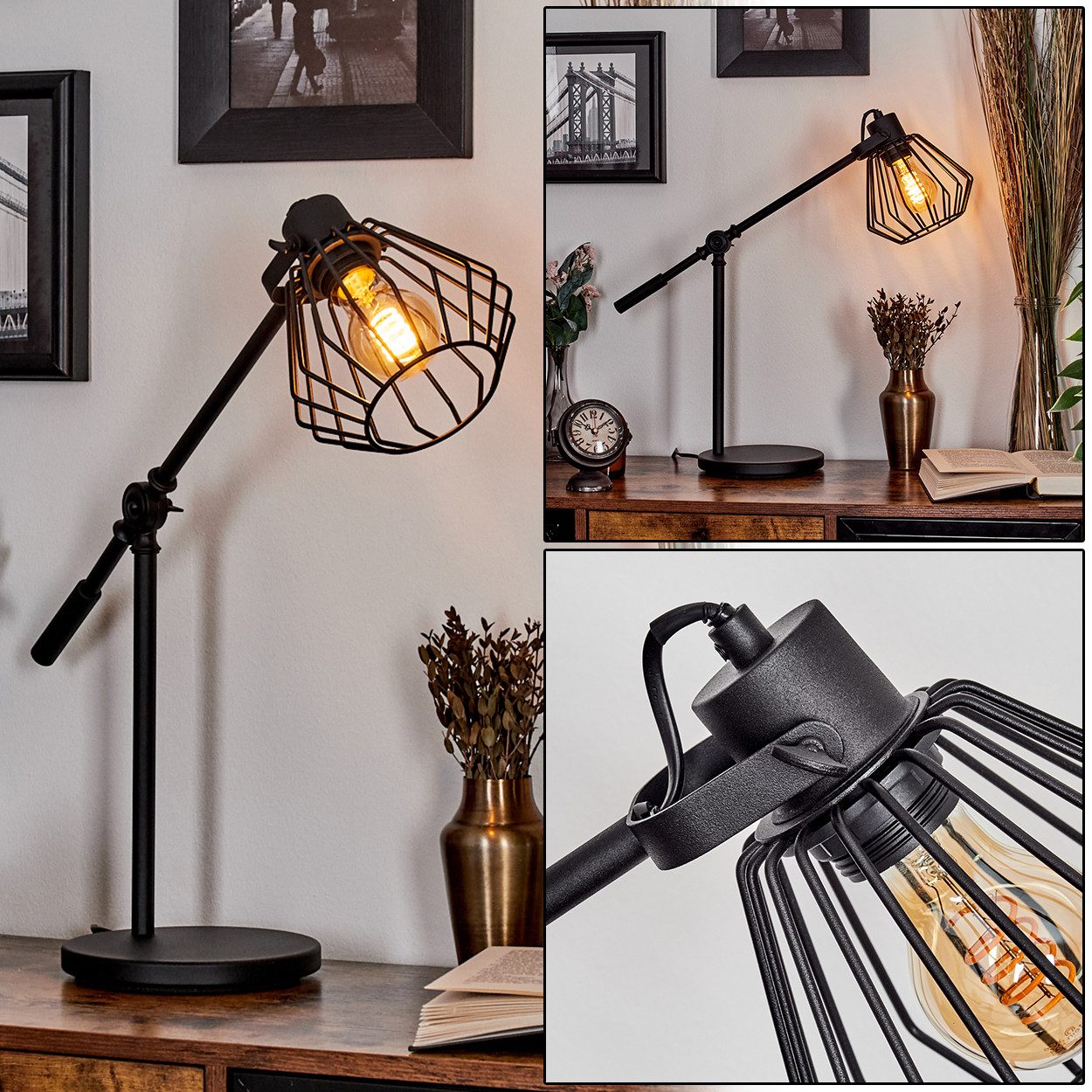 hofstein Tischleuchte Tischlampe aus Metall in Schwarz in Gitter-Optik mit Schalter am Kabel, ohne Leuchtmittel, moderne Tischleuchte im Retro/Vinage-Design mit Lichteffekt, E27