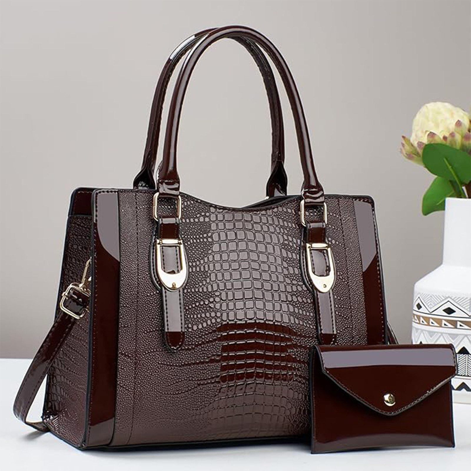 OKWISH Henkeltasche Schultertasche Tragetasche Handtasche Umhängetasche (2-in-1-Set aus Handtasche und Geldbörse, 2-tlg., mit Fächern für Handy Schlüssel und Kosmetik), stilvollem Design für Alltag Reisen und besondere Anlässe