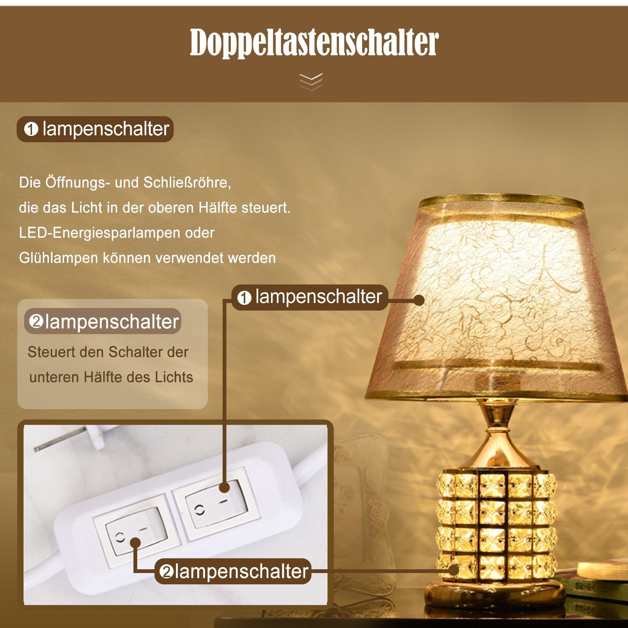Luckice LED Nachttischlampe Schlafzimmerlampe,Gold Tischlampe Vintage,LED Teichleuchte, LED wechselbar, Knopfschalter,einfach zu bedienen.Kristallbasis,High-End-Luxus, tischlampe wohnzimmer/tischlampe schlafzimmer /tischlampe gold