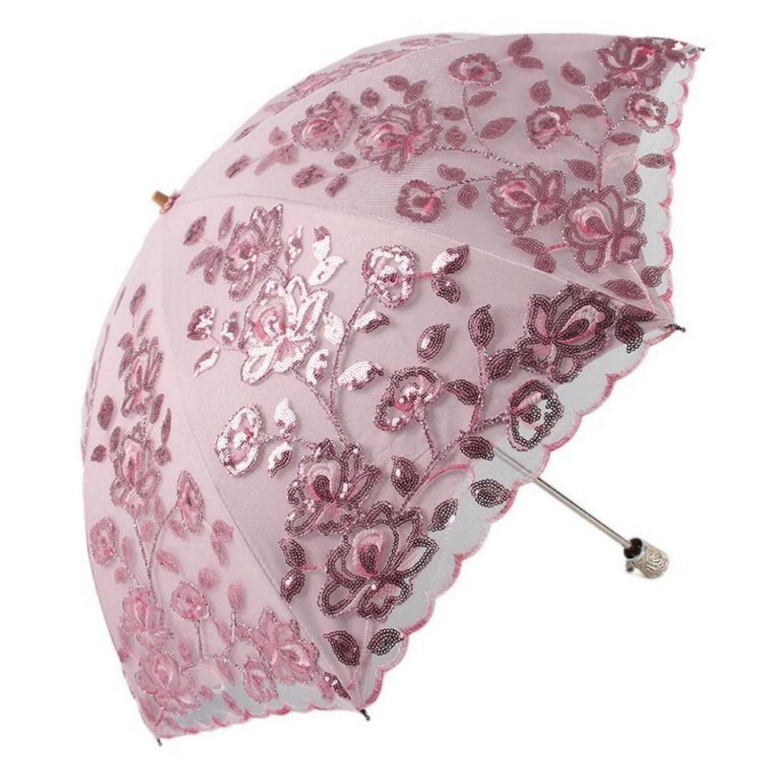 LuxusKollektion Taschenregenschirm Spitzensonnenschirm faltbar Rosa