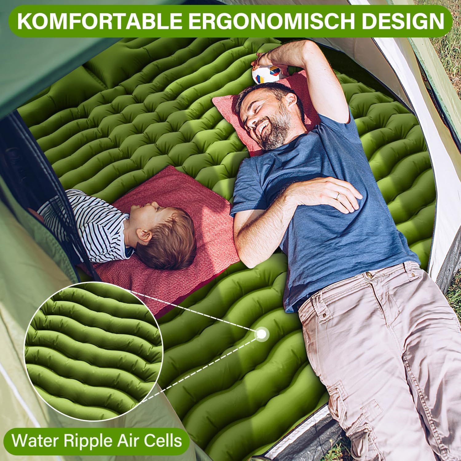 feinlux Isomatte Camping Isomatte Selbstaufblasend, (set, Ultraleicht Luftmatratze Camping für 2 Personen), Aufblasbare mit Fußpumpe & Kissen für Outdoor, Wande – Bild 5 von 5