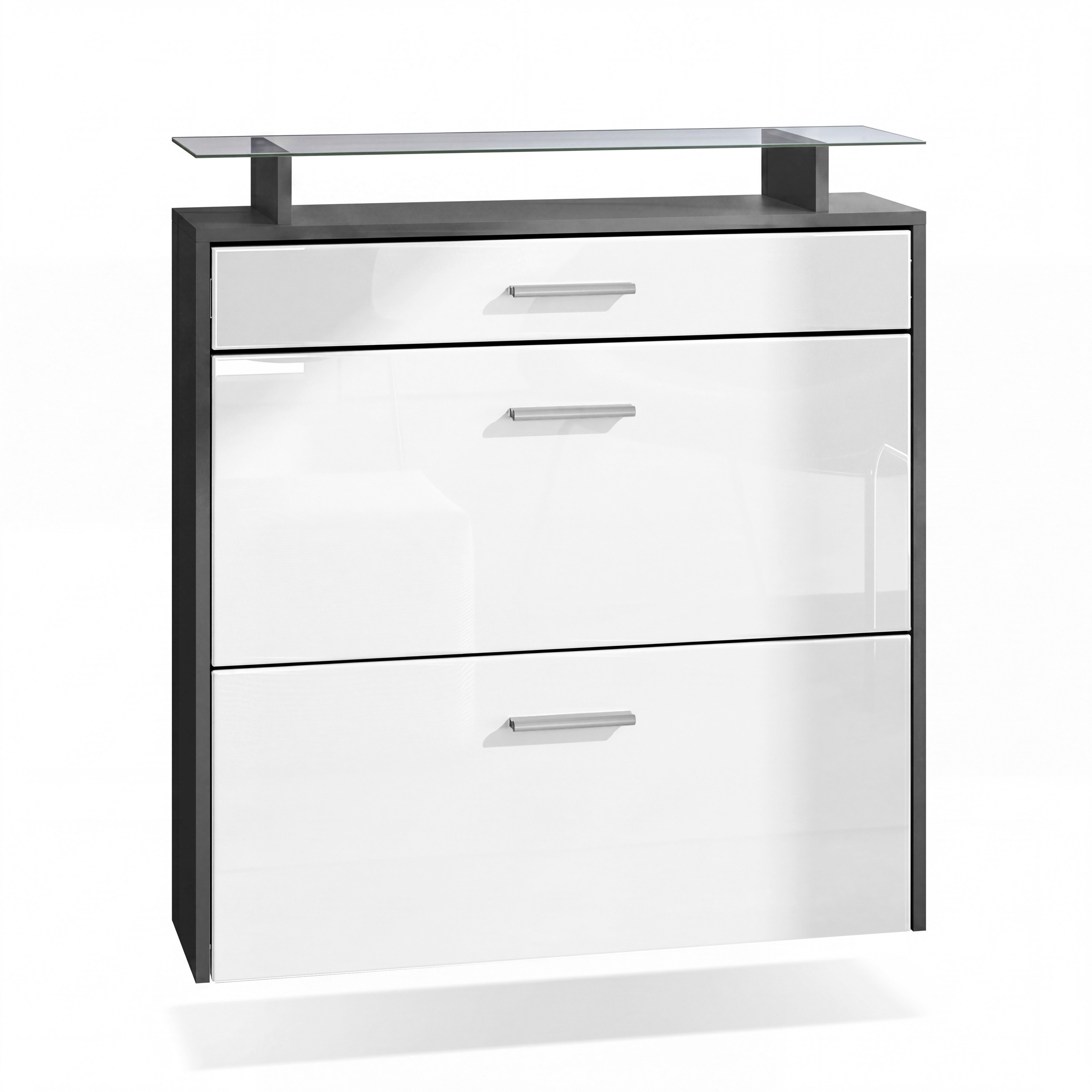 Vladon Schuhschrank Malea (hängender Schuhkipper für 16 Paar Schuhe, mit 2 Klappen und 1 Schublade und Glasablage) Anthrazit matt/Weiß Hochglanz (89 x 96 x 23 cm)