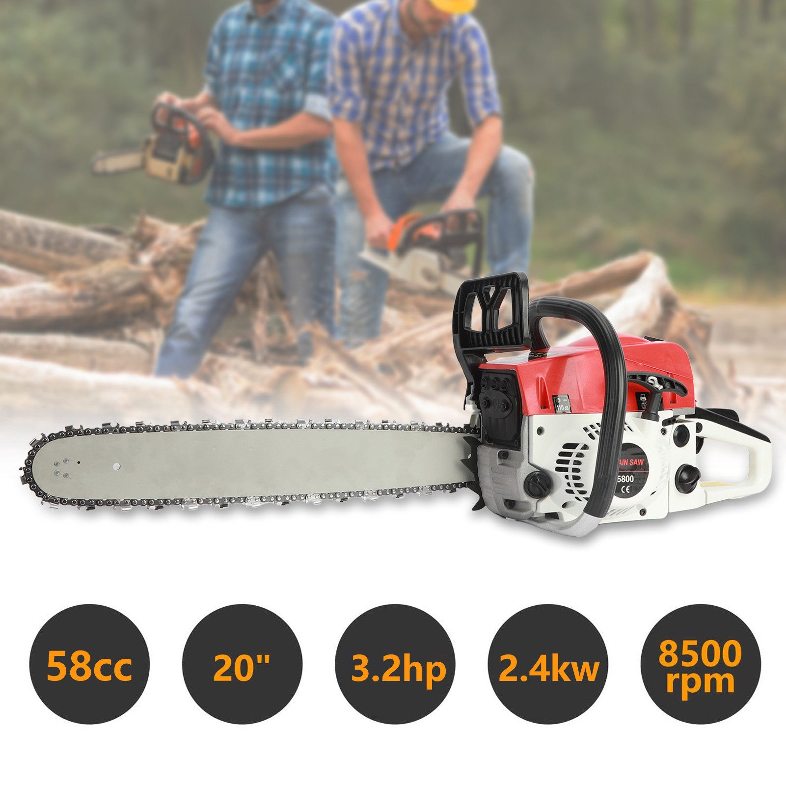 Rutaqian Petrol Chainsaw 58cc Petrol Chainsaw, 2100w, Maximum cutting diameter: 55cm, 58 cubic centimeters, rust-resistant wood chainsaw for cutting wood