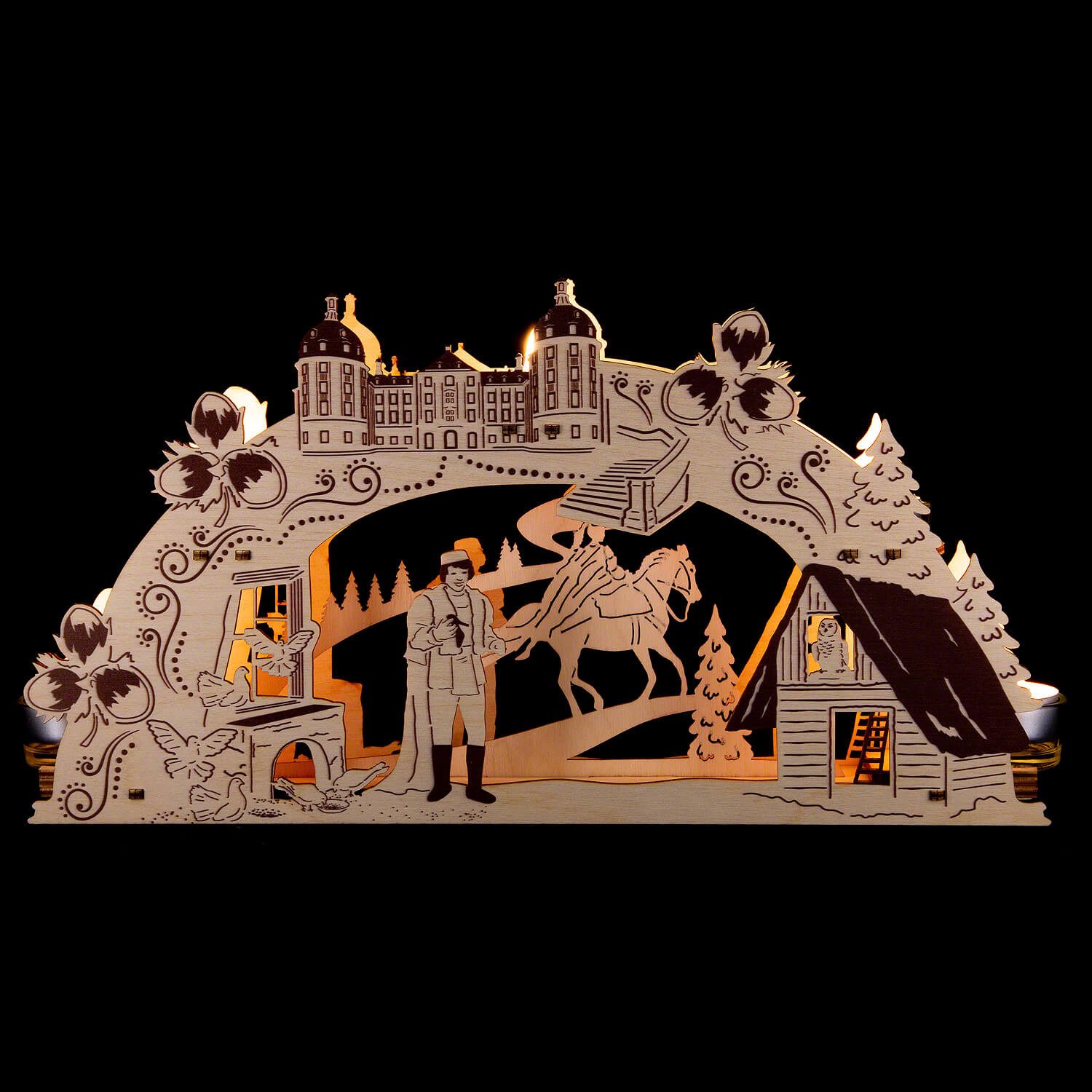 Erzgebirge-Palast Schwibbogen Schwibbogenleuchter "Drei Haselnüsse für Aschenbrödel" (37x20cm) von S