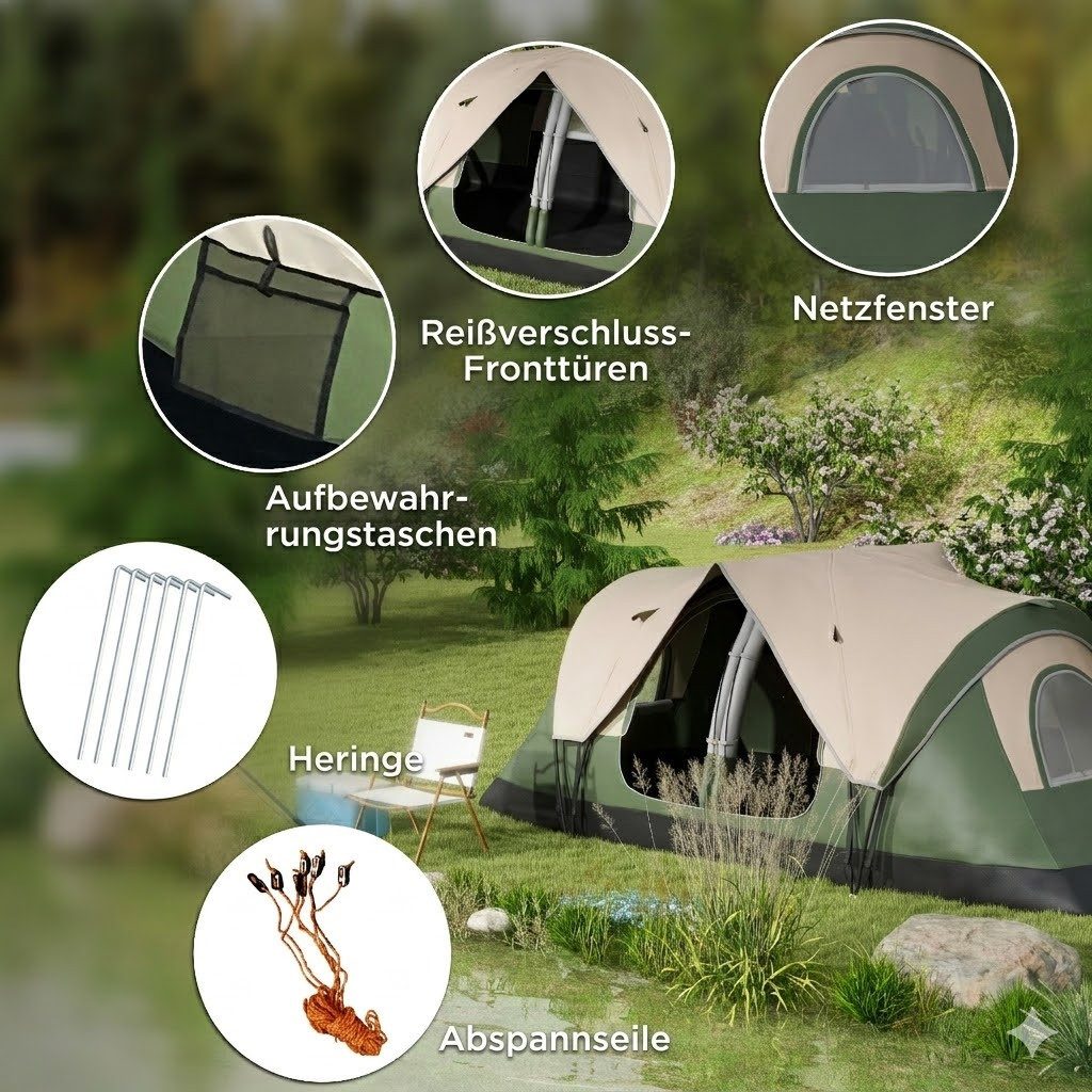 kowdom Hauszelt Campingzelt 6-8 Personen, 2 Schlafzimmer, 2000 mm wasserdicht, Personen: 8 (Campingzelt, Komplettzelt für 6-8 Personen mit Zubehör), Familienzelt, 6-8 Personen, 2000 mm wasserdicht, 2 Schlafzimmer