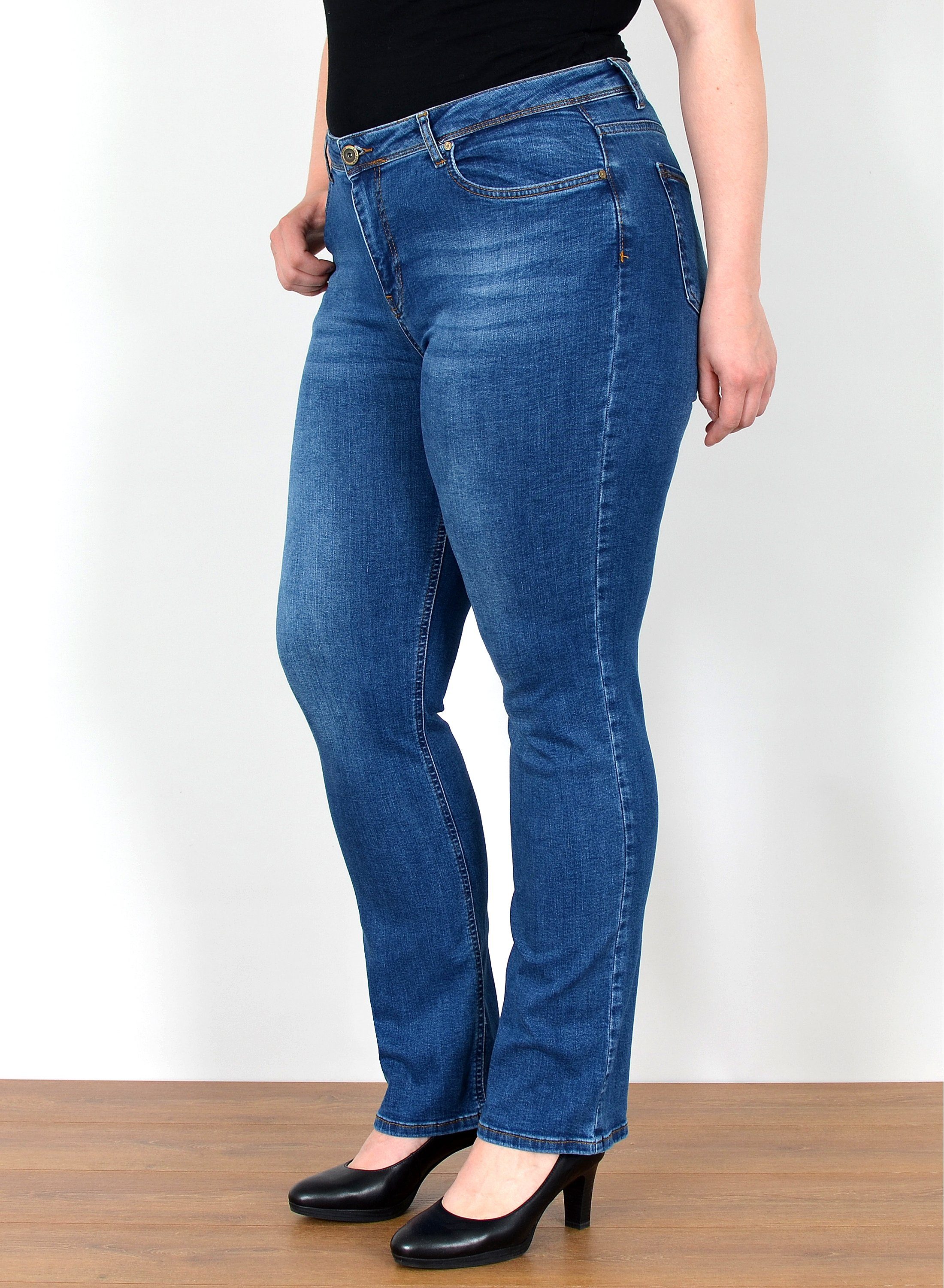ESRA Straight-Jeans Straight Fit Jeans Damen High Waist Jeans-Hose Regular bis Übergröße Gerade Schnitt Jeanshose Damen hohe Leibhöhe Stretch Jeans Straight