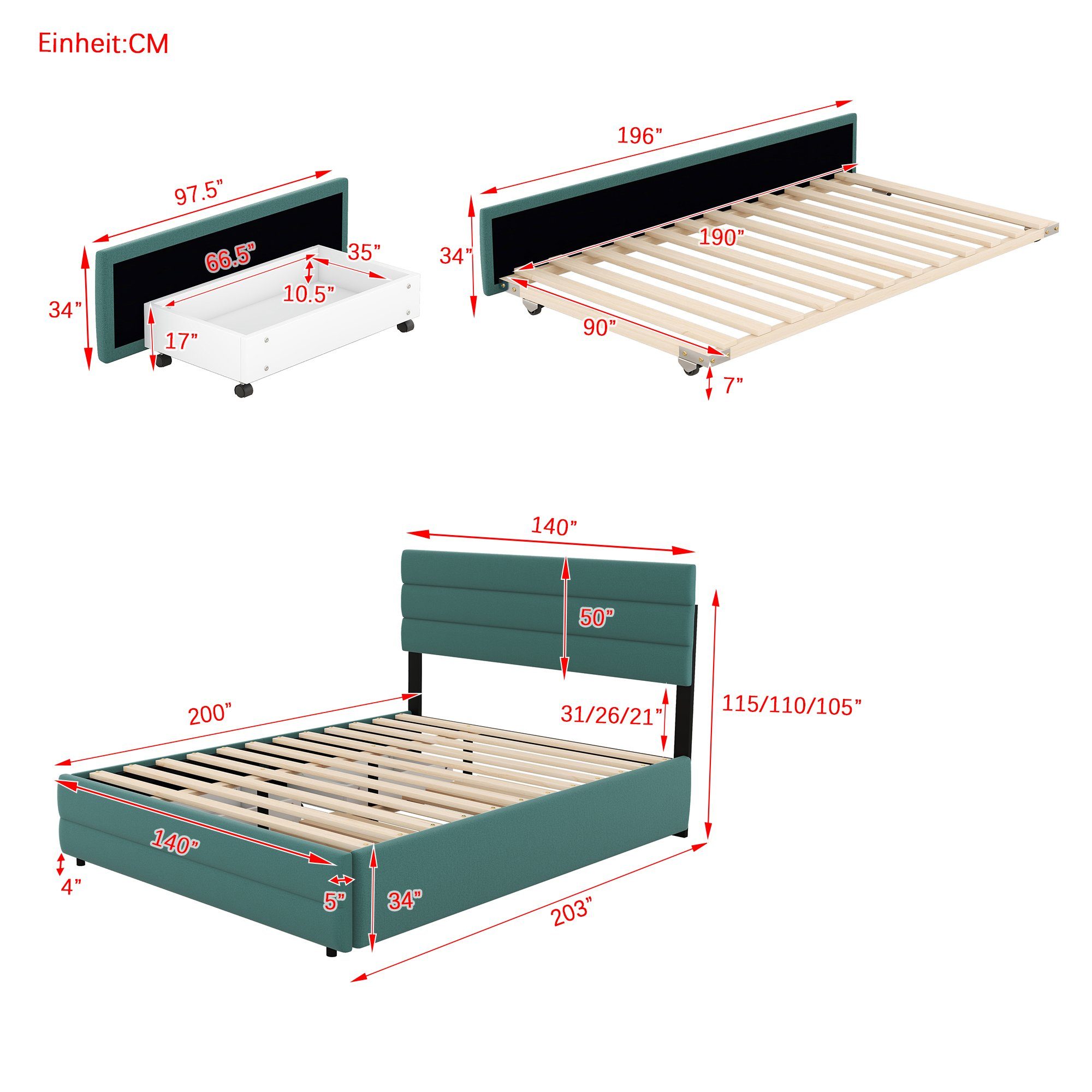 90x190cm, ausziehbarer mit Schubladen, Grün Merax Doppelbett 140x200cm Lattenrost, Liegefläche mit Polsterbett