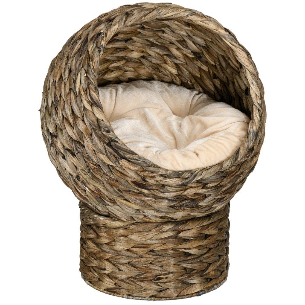 MIBODE Tierbett Rattan Katzenkorb mit Kissen, Wasserhyazinthe, Kaffee, 40x37x51cm