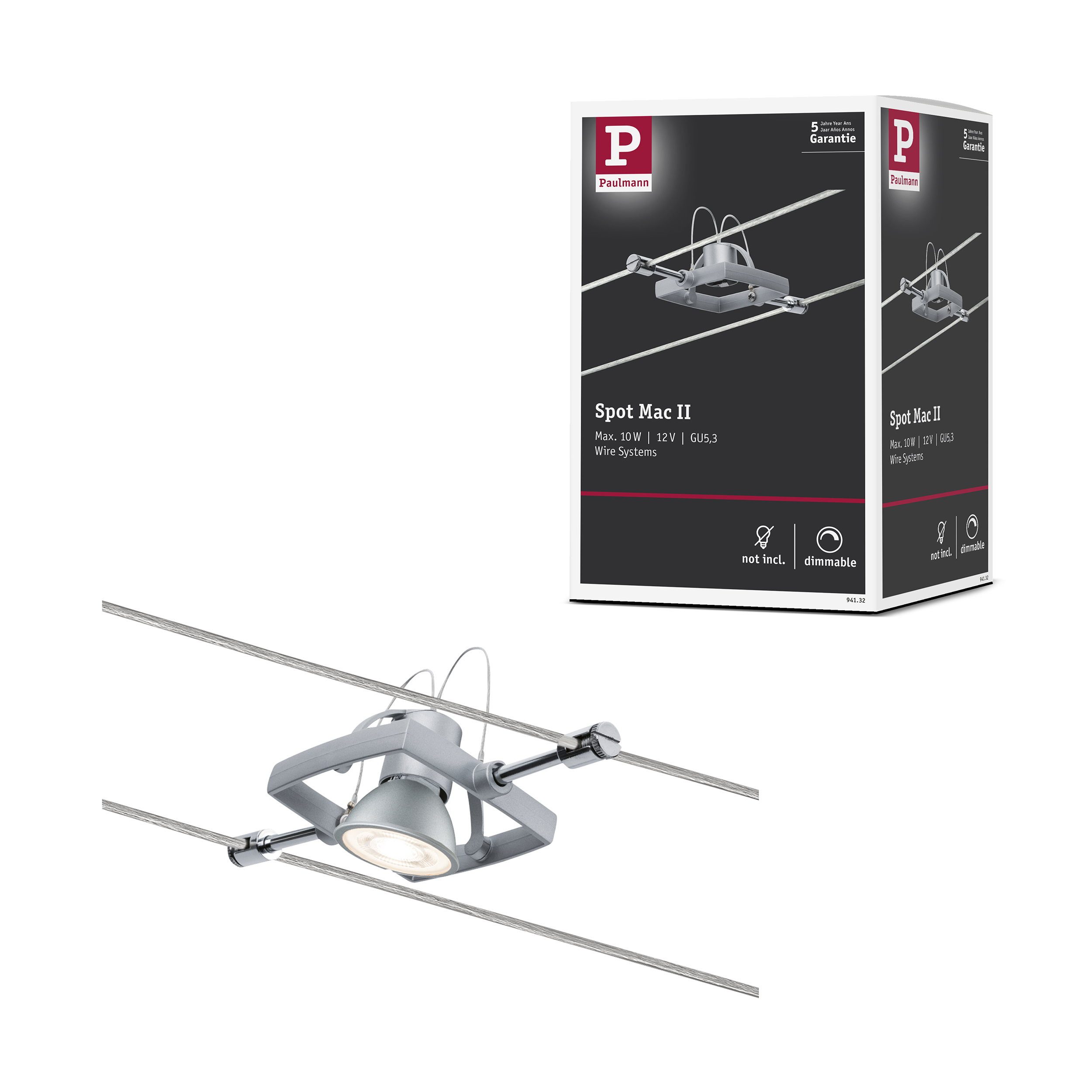 Paulmann Schienensystem-Leuchten Seilsystem Mac II Einzelspot GU5,3 max. 10W dimmbar 12V Chrom matt