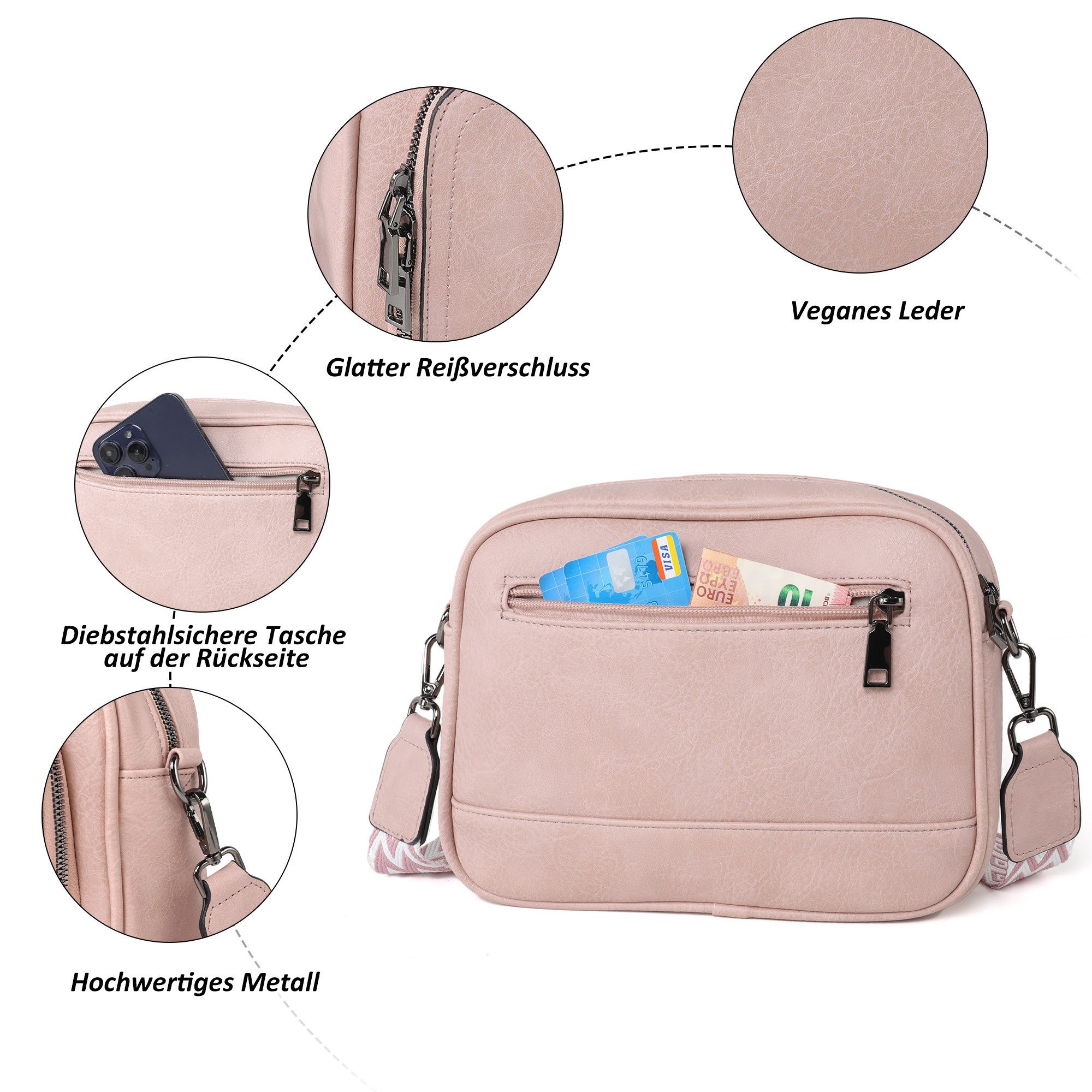 TAN.TOMI Umhängetasche Handtasche Damen mittelgroß tasche mit Verstelbaar Schultergurt, Fronttasche mit mehreren Fächern Weich Breiter Gurt – Bild 4 von 5