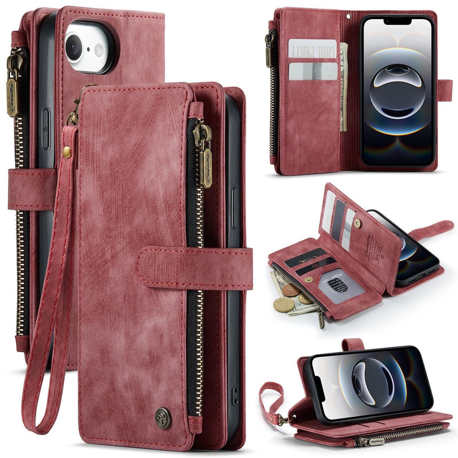 CaseMe Handyhülle Für Apple iPhone 16e Kunstleder Multifunktion Wallet Tasche Case Rot, Kunst-Leder Schutz Tasche Smart Case Multifunktion