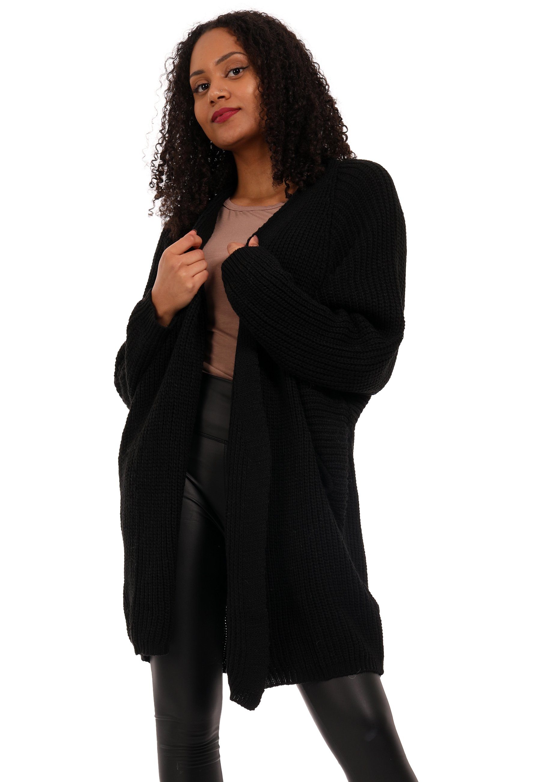 Style Ärmeln Cardigan Size Strickjacke mit verschlusslos YC Basic-Form (1-tlg) Fashion & schwarz casual, Oversize langen Cardigan Plus