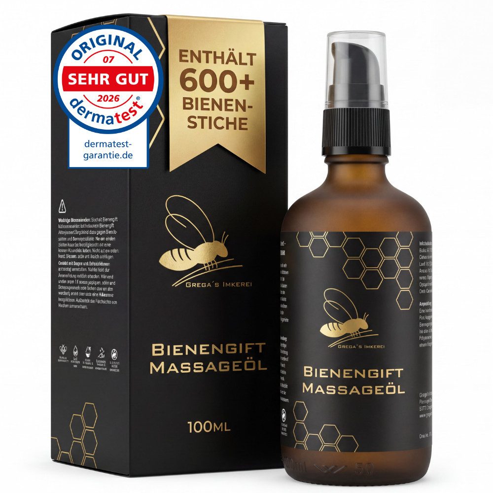 Grega´s Imkerei Massageöl mit Bienengift 100ml Intensiv Pflege-Serum für Muskeln Gelenke, 1-tlg., Hochkonzentriert: Jede Flasche enthält über 600 Bienenstichen.