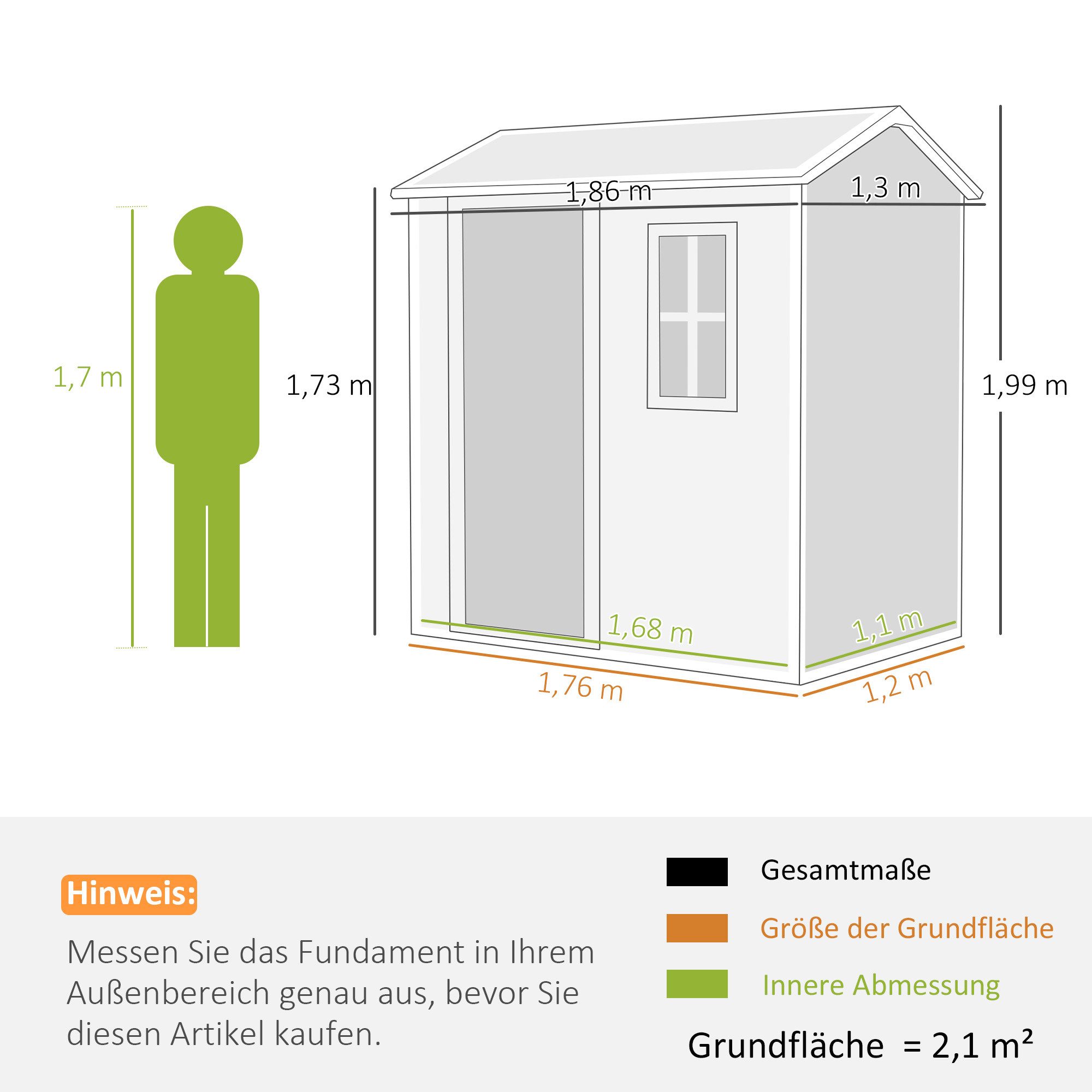 Outsunny Gerätehaus 2,1m², mit Satteldach, Boden, Fenster, abschließbarer Tür, BxT: 186x130 cm, (Geräteschuppen aus Kunststoff, 1 St., wetterfest Gartenhaus), Outdoor Garten Schuppen für Hinterhof Grau