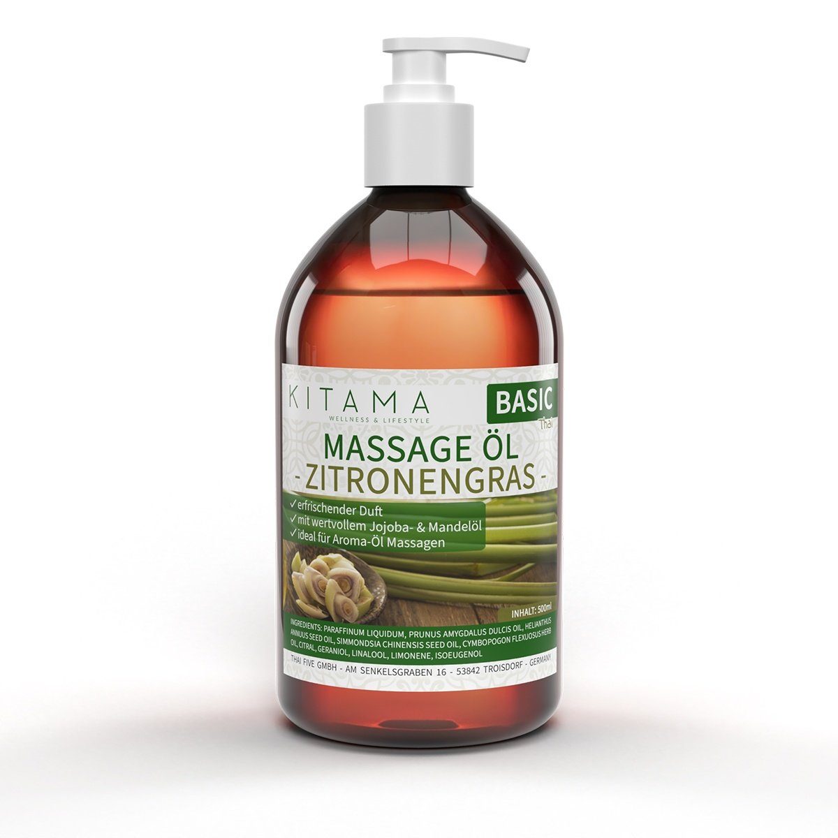 Kitama Massageöl mit Aroma - Körper-Öl für Massagen Pflegeöl Aroma-Öl Thai-Öl 500ml, Zitronengras