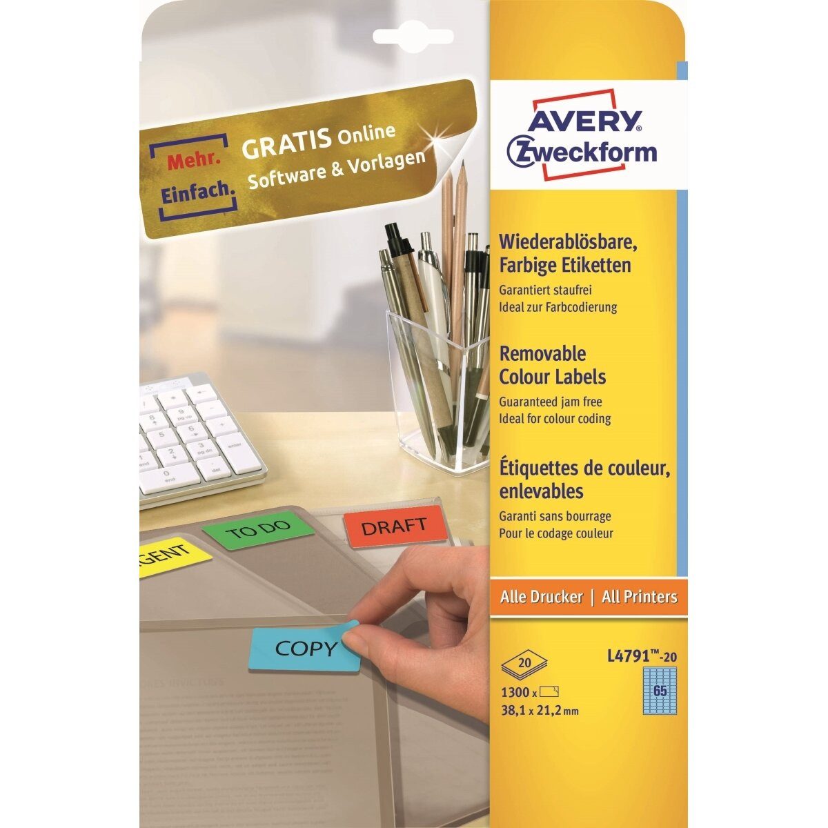 Avery Zweckform Etiketten Etiketten Inkjet/Laser/Kopier 38,1x21,2mm VE=1300 Stück blau