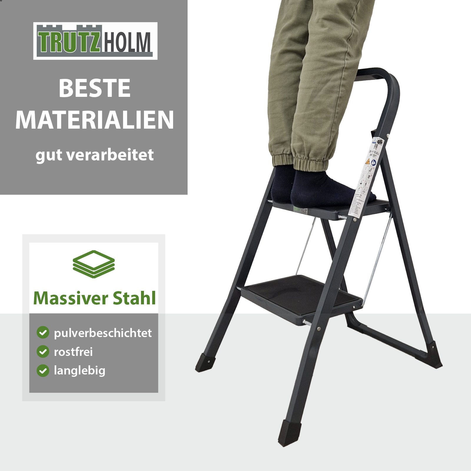 TRUTZHOLM Klapptritt Trittleiter 2-stufig klappbar TÜV/GS Trittflächen Klapptritt Leiter, Anti-Rutsch,150kg Belastbar – Bild 2 von 5