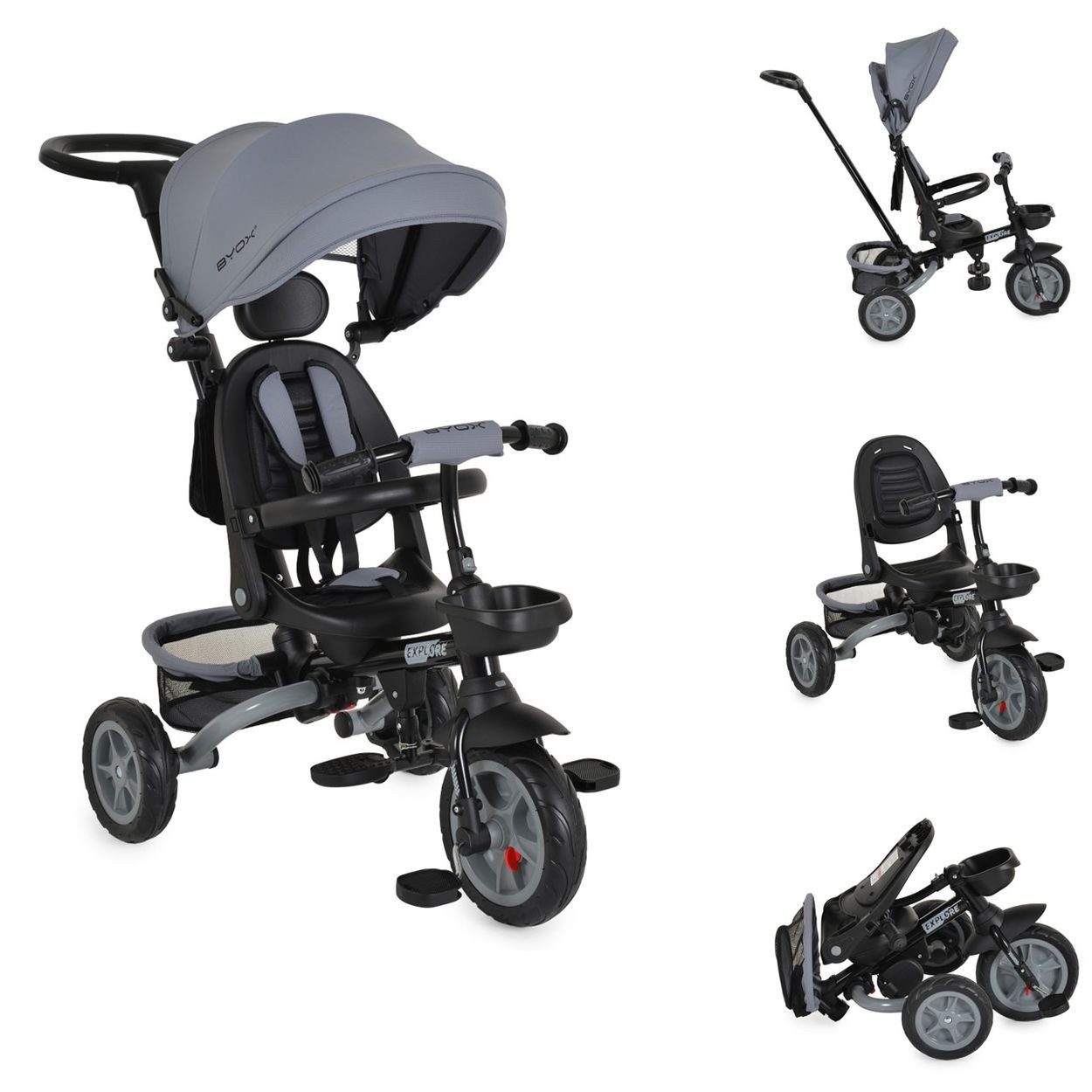 Byox Dreirad Dreirad Explore 3 in 1, Dreirad umkehrbarer Sitz Schiebegriff Körbe Pedale