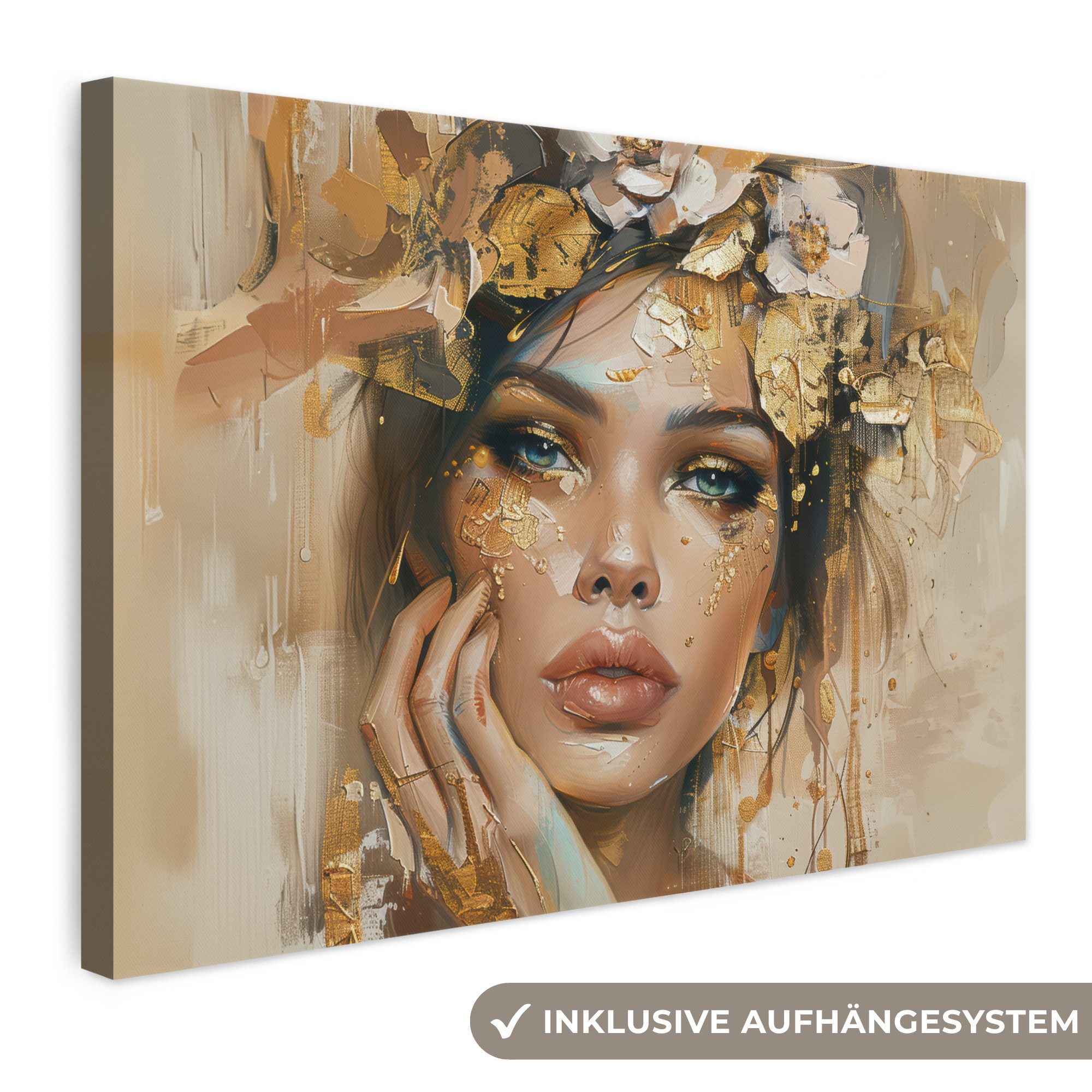 OneMillionCanvasses® Leinwandbild Frau - Blumen - Gold - Porträt, Fotodruck (1 St), Leinwand Bilder Klein, Wand Dekoration Aesthetic 30x20 cm