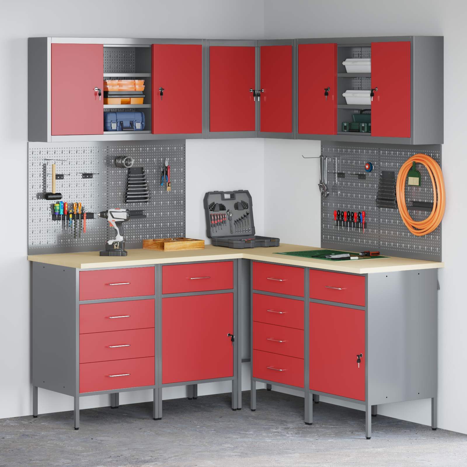 vidaXL Mehrzweckschrank-Set vidaXL Arbeitsschrankset mit Schubladen mit Regal 12 Stk. Rot und Grau